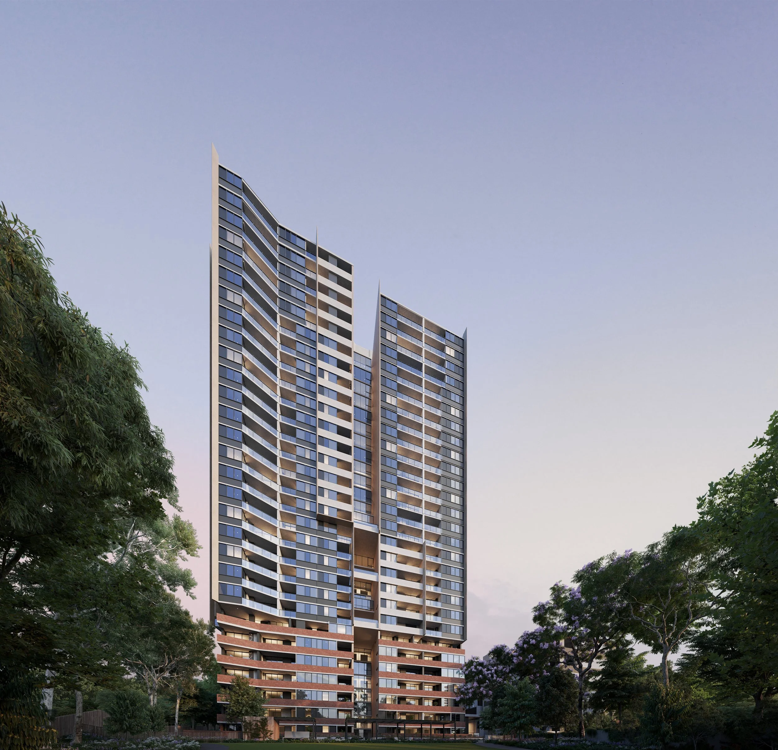 A modern high-rise apartment building with glass windows and balconies, surrounded by trees under a clear sky.