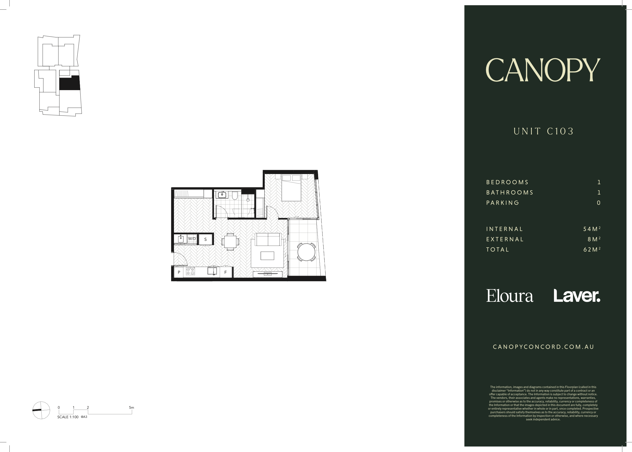 Floor plan of a one-bedroom apartment with detailed layout, including living room, kitchen, bedroom, bathroom, laundry area, and outdoor space, labeled 'Canopy Unit C103'.