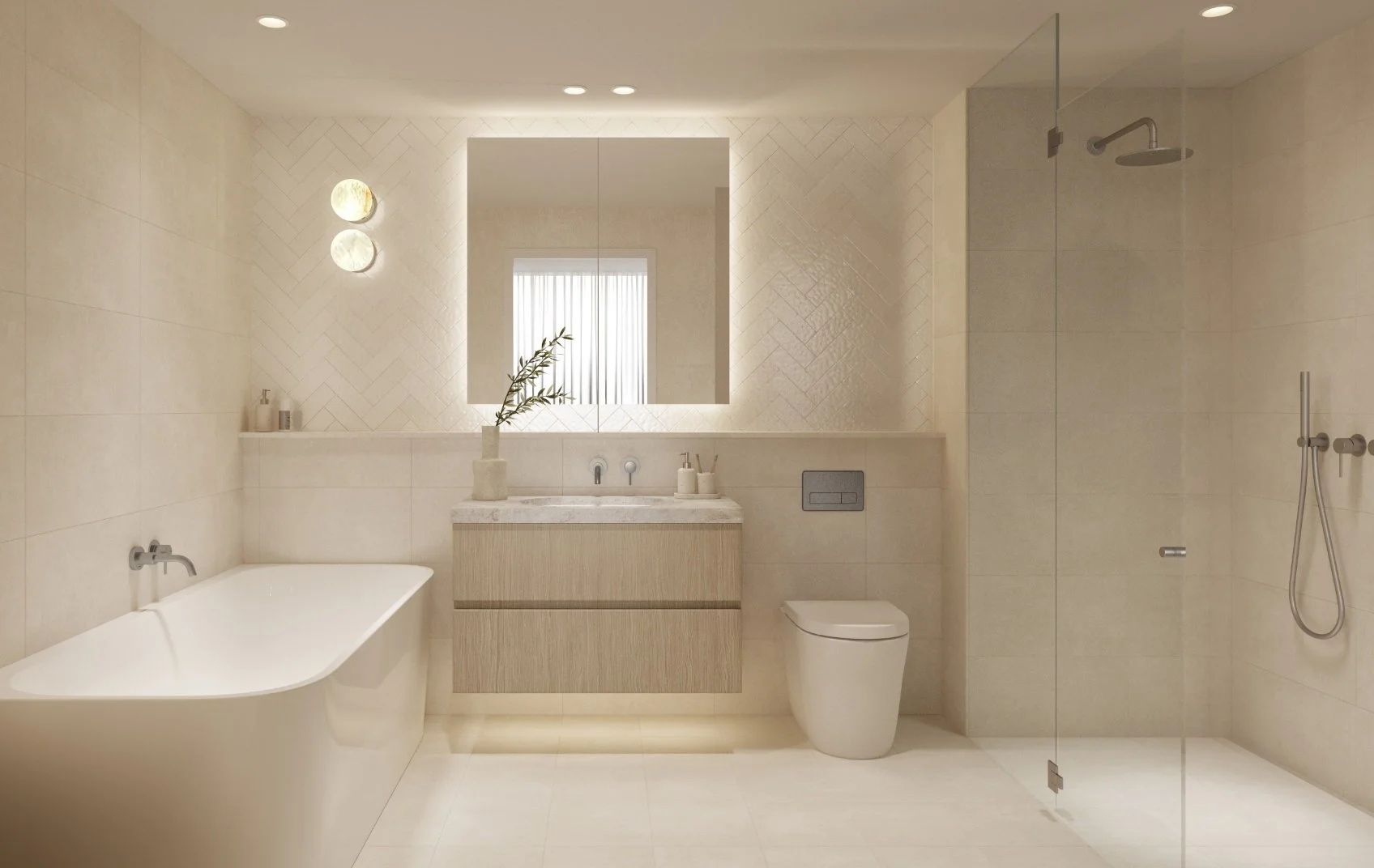 Modern bathroom with a bathtub, vanity with sink, toilet, and glass-enclosed shower, all in neutral tones with minimal decor.