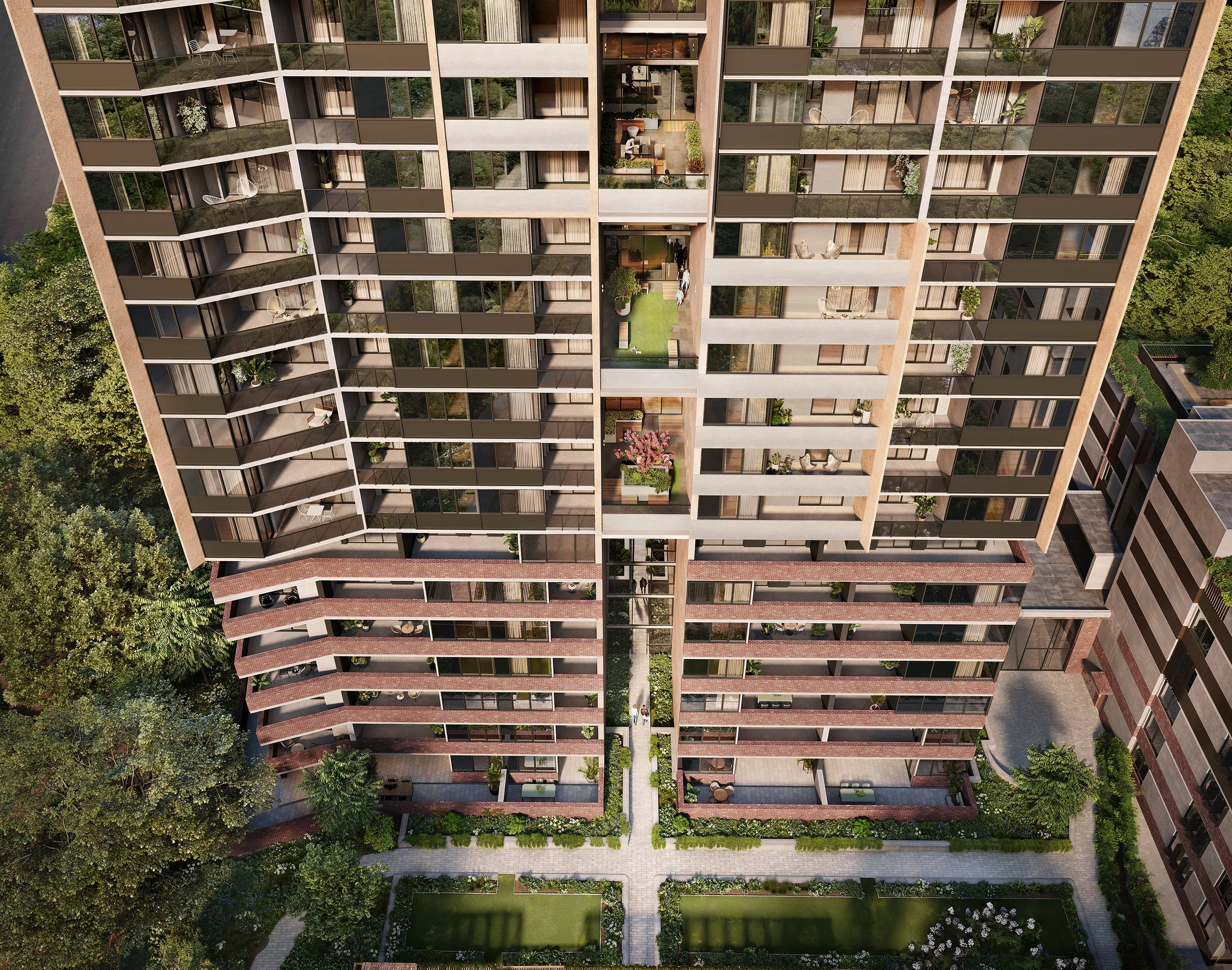 Aerial view of a modern high-rise apartment building with balconies and greenery, surrounded by landscaped gardens and trees.
