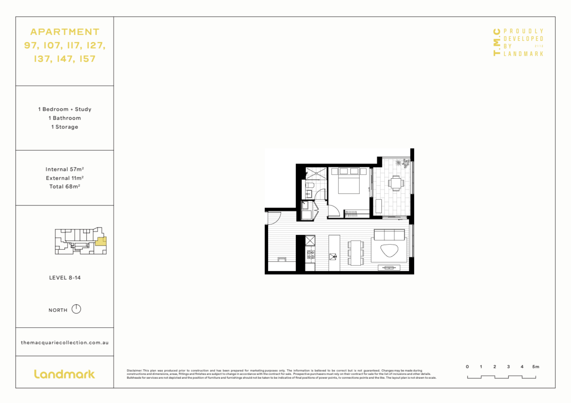 Floor plan of an apartment showing a bedroom, bathroom, kitchen, and living area, with a small balcony outside.