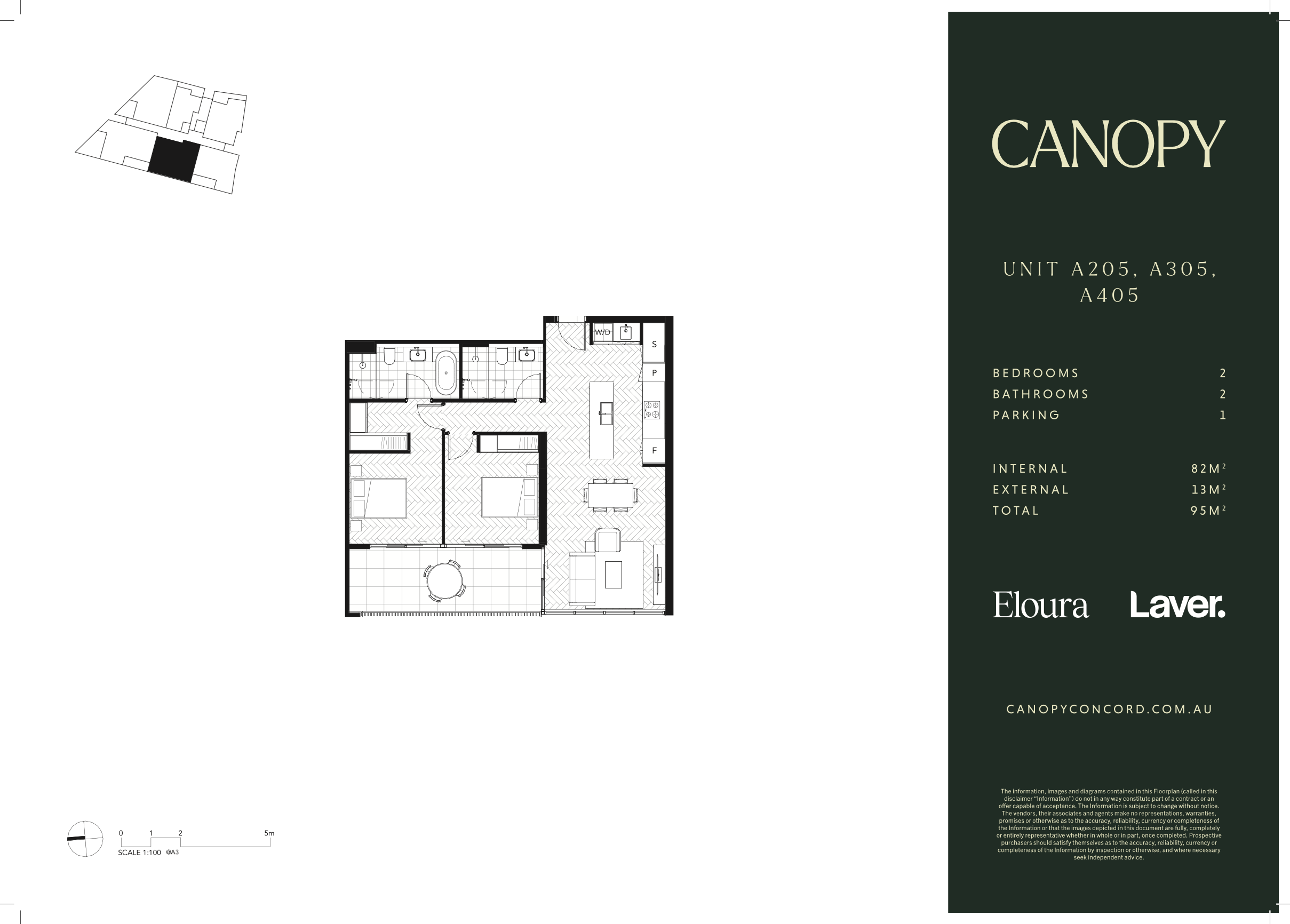 Floor plan of an apartment with two bedrooms, two bathrooms, and a balcony, accompanied by property details and branding information on the right side.