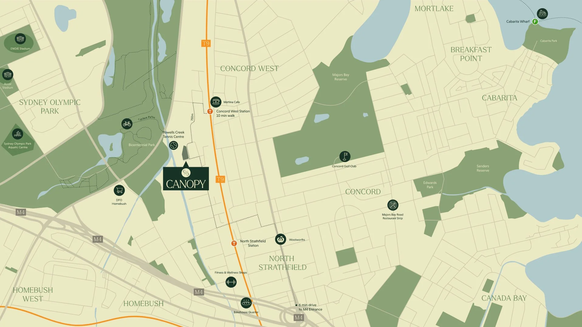 Map of the Sydney area highlighting parks, streets, and transportation routes. Notable locations include Sydney Olympic Park, Concord West, North Strathfield, and Homebush West, with parks and reserves such as Sydney Olympic Park Aquatic Centre, Bice
