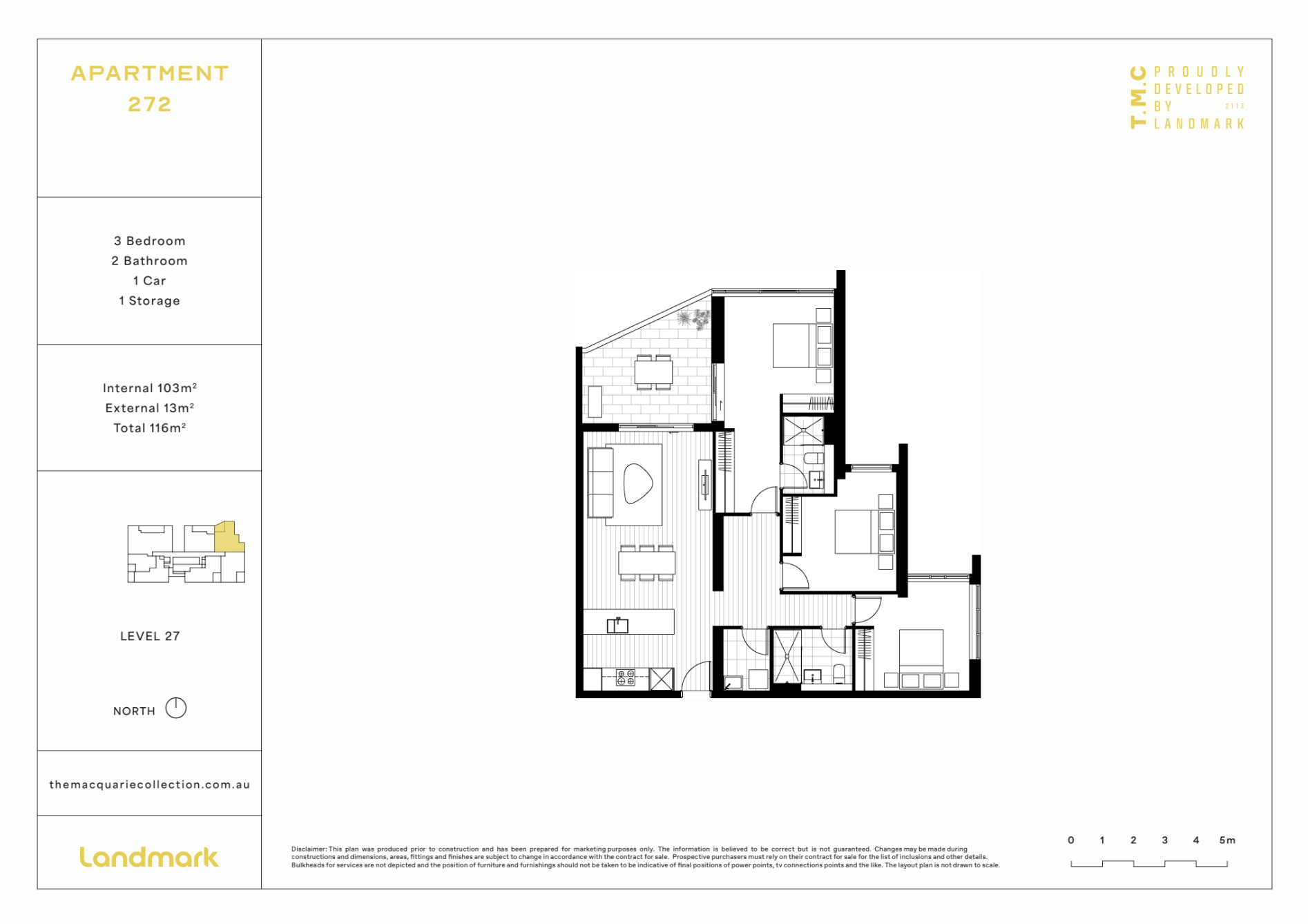 Floor plan of an apartment labeled '272' on level 27, showing three bedrooms, two bathrooms, and a balcony. The apartment includes a living room, dining area, kitchen, and storage space with a north orientation, measuring 116 square meters total.
