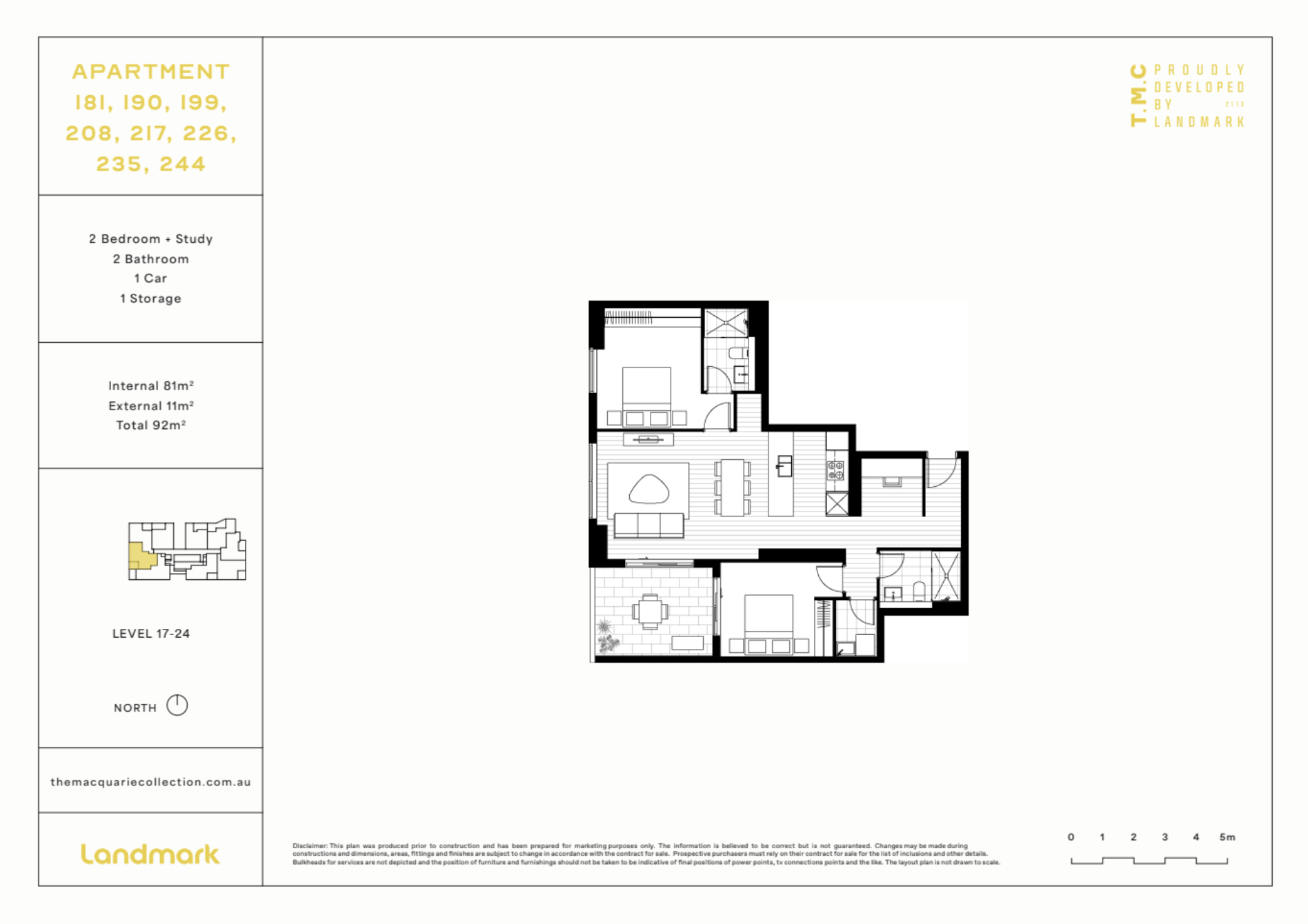 Floor plan of an apartment, showing two bedrooms, two bathrooms, kitchen, living room, and balcony. The layout is detailed with internal and external measurements.