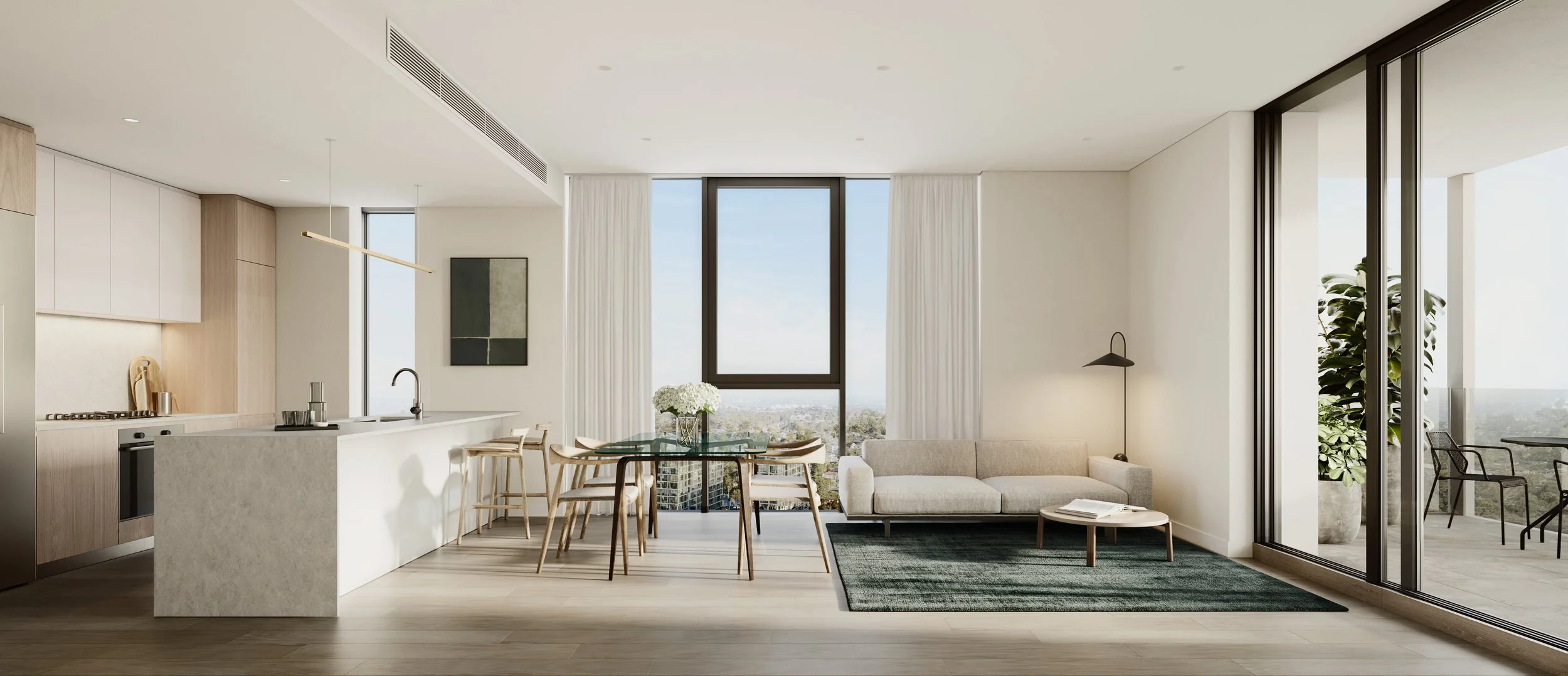 Modern living room with floor-to-ceiling windows, a kitchen island, dining table with chairs, a sofa, a floor lamp, a rug, and a balcony with outdoor seating.