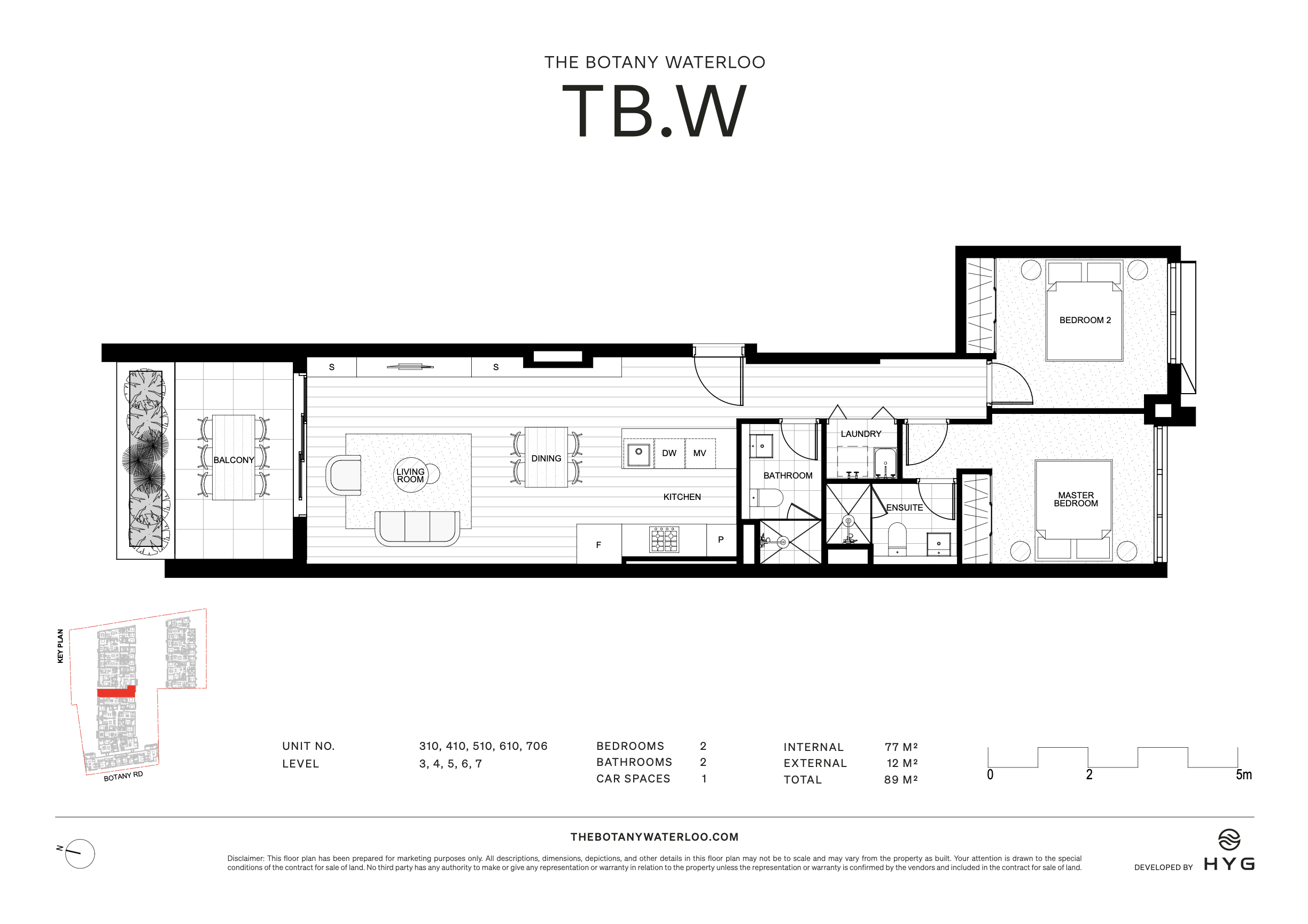 Floor plan of a modern two-bedroom apartment with a balcony, living room, dining area, kitchen, bathroom, laundry, master bedroom, and second bedroom.