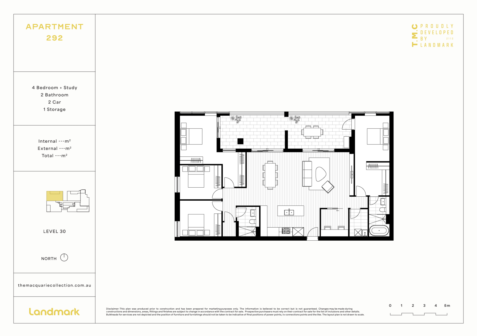 Floor plan of an apartment with two bedrooms, a study, two bathrooms, a living room, dining area, kitchen, and a balcony. The layout is detailed with furniture and structural elements.