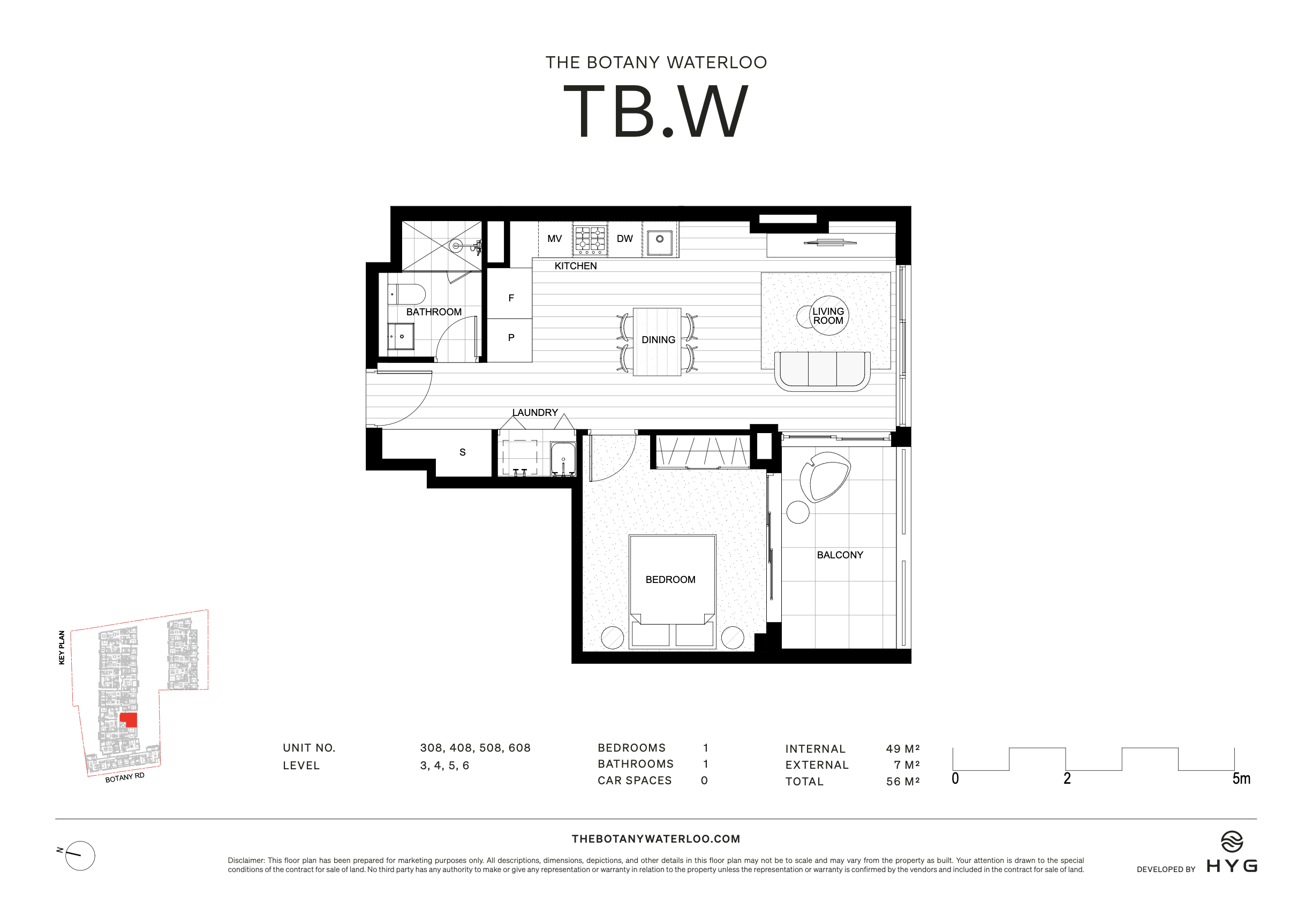 Floor plan of a small apartment with a bedroom, bathroom, kitchen, living room, laundry, and balcony. It includes measurements and layout details.