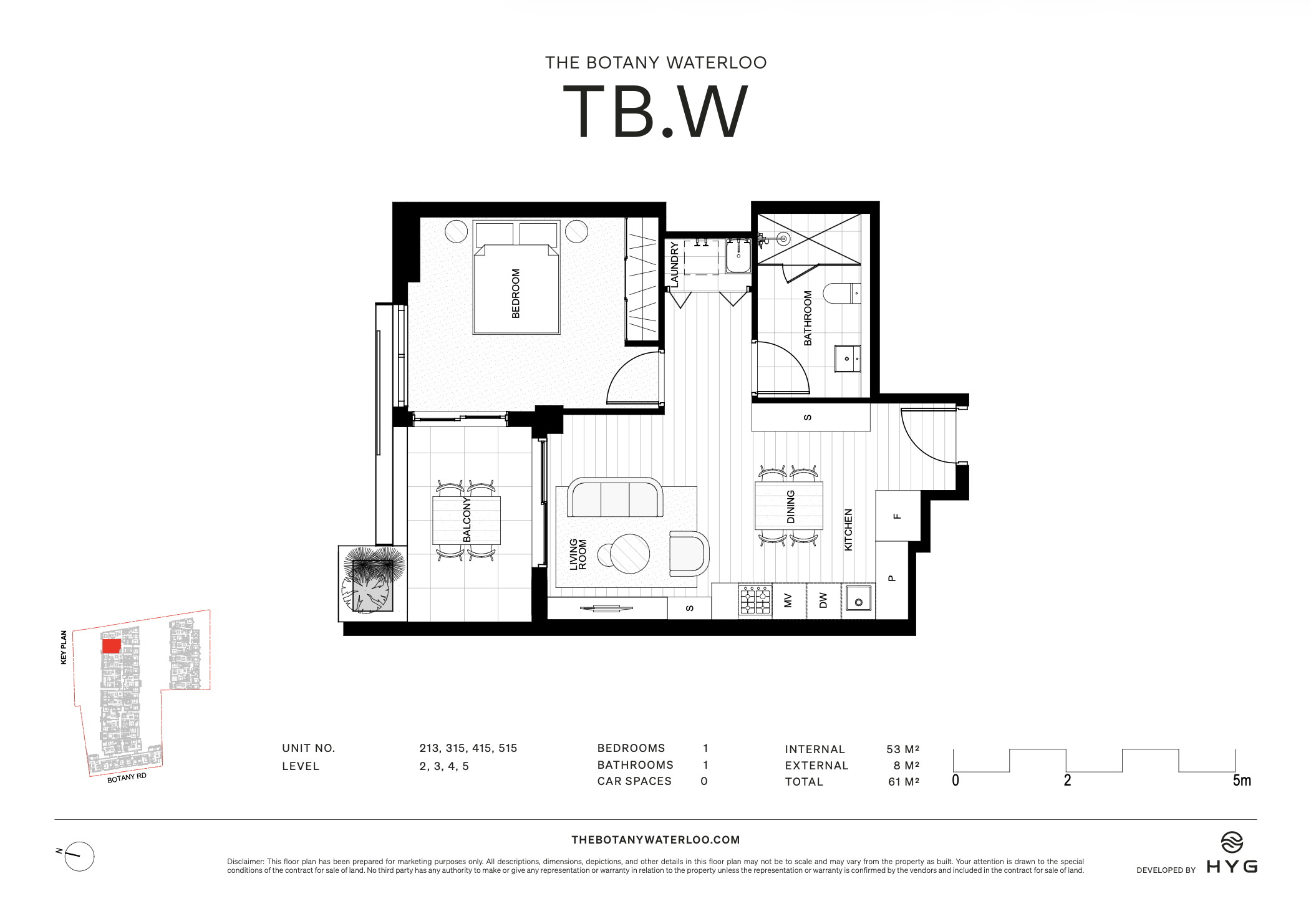 Floor plan of a one-bedroom apartment at The Botany Waterloo, showing a bedroom, living room, kitchen, bathroom, laundry, and balcony.