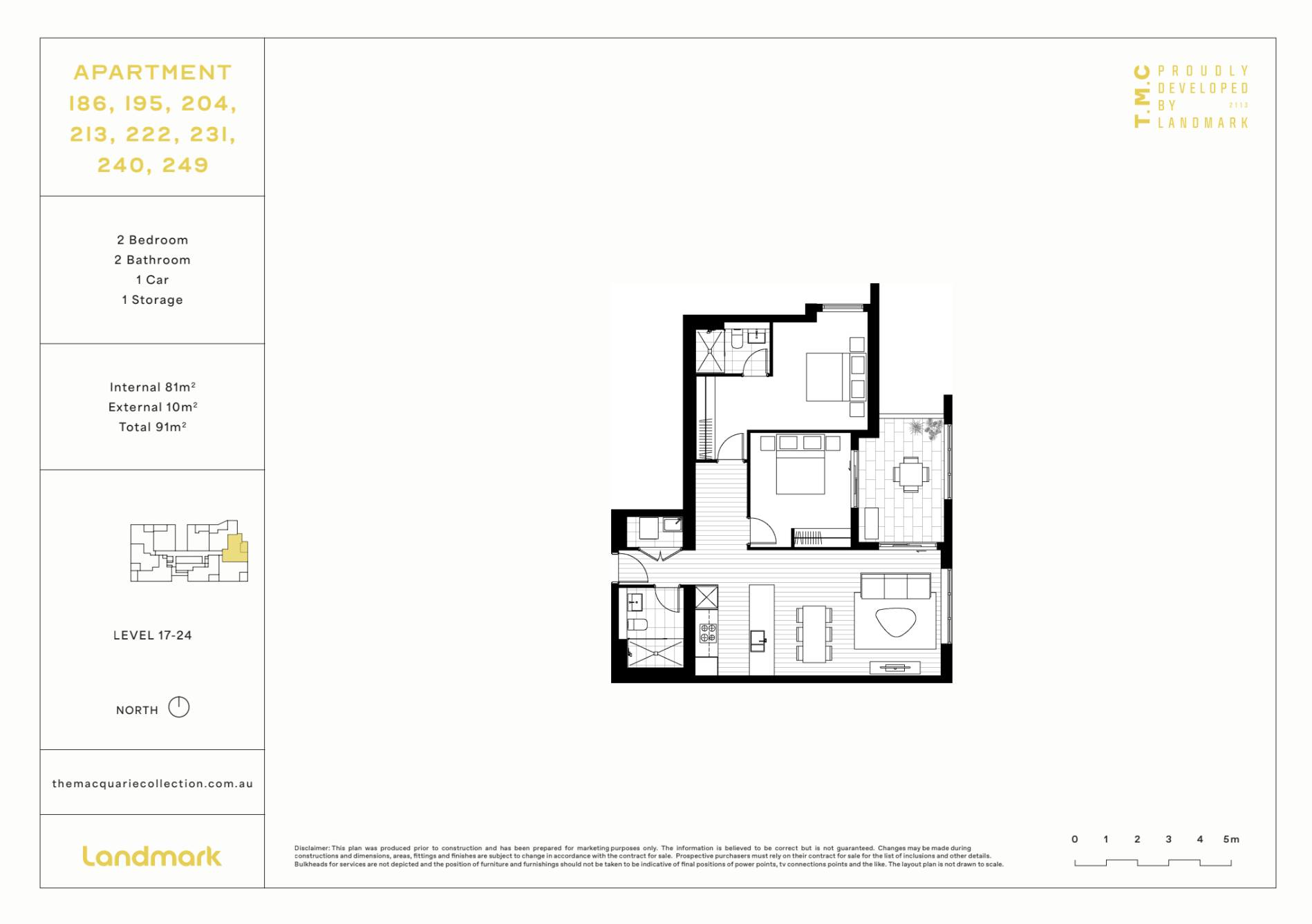Floor plan of an apartment with two bedrooms, two bathrooms, one car space, and one storage area, including layout and room details.