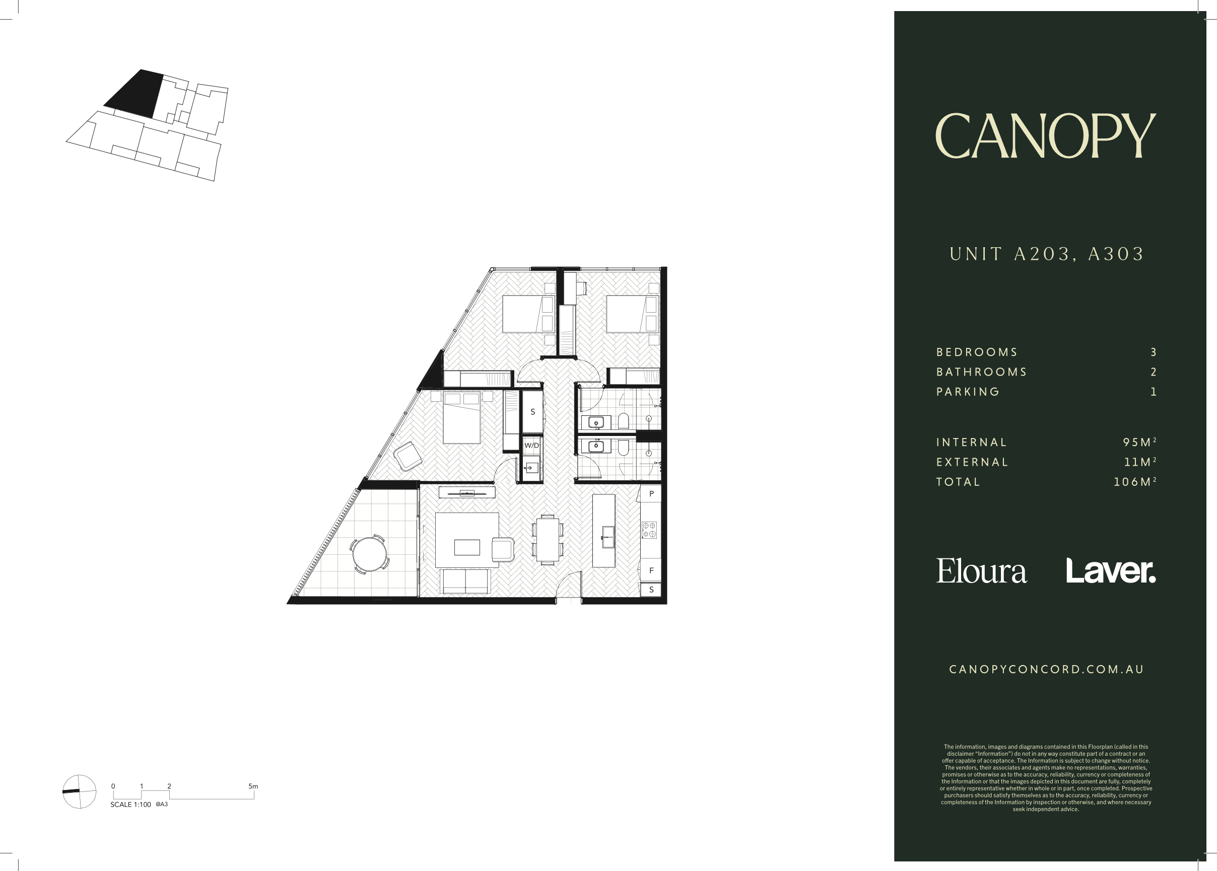 Floor plan of a residential unit with three bedrooms, two bathrooms, and a balcony, labeling the layout and features of the apartment.