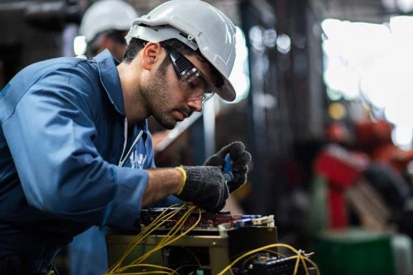 Licensed technician performing electrical maintenance in an industrial facility