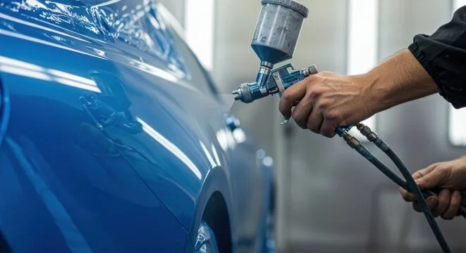 A person using a spray gun to paint a blue car in a workshop.