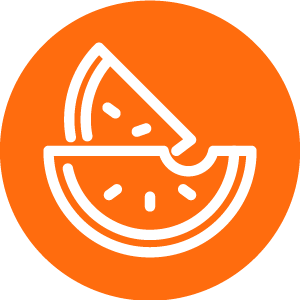 Illustration of two slices of watermelon on an orange background.