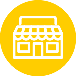 Illustration of a small shop or storefront with a striped awning, set against a yellow background.