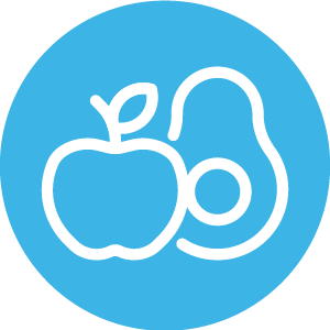 Illustration of an apple and an avocado on a blue background.