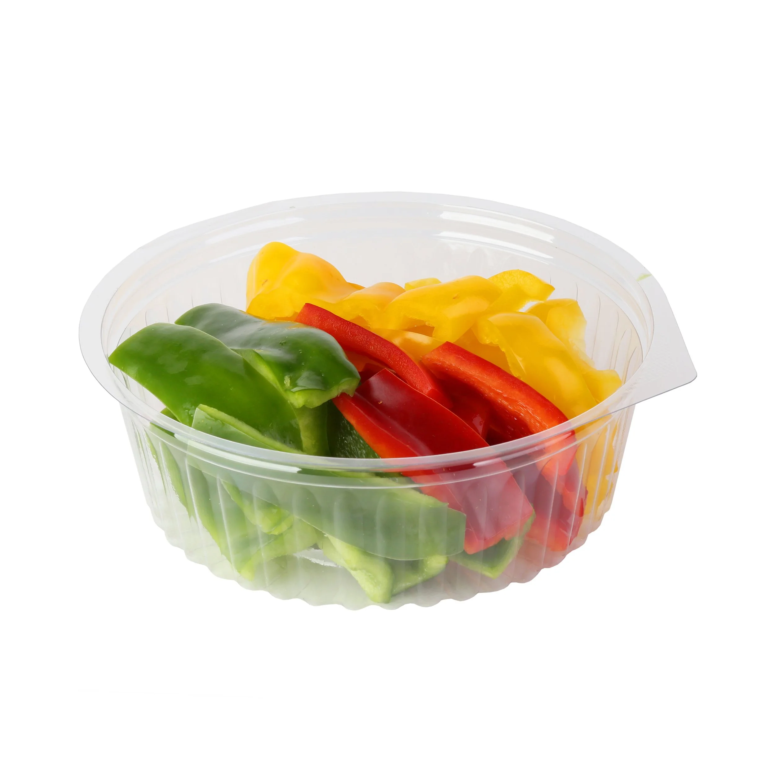 Clear plastic container filled with chopped green, red, and yellow capsicum.