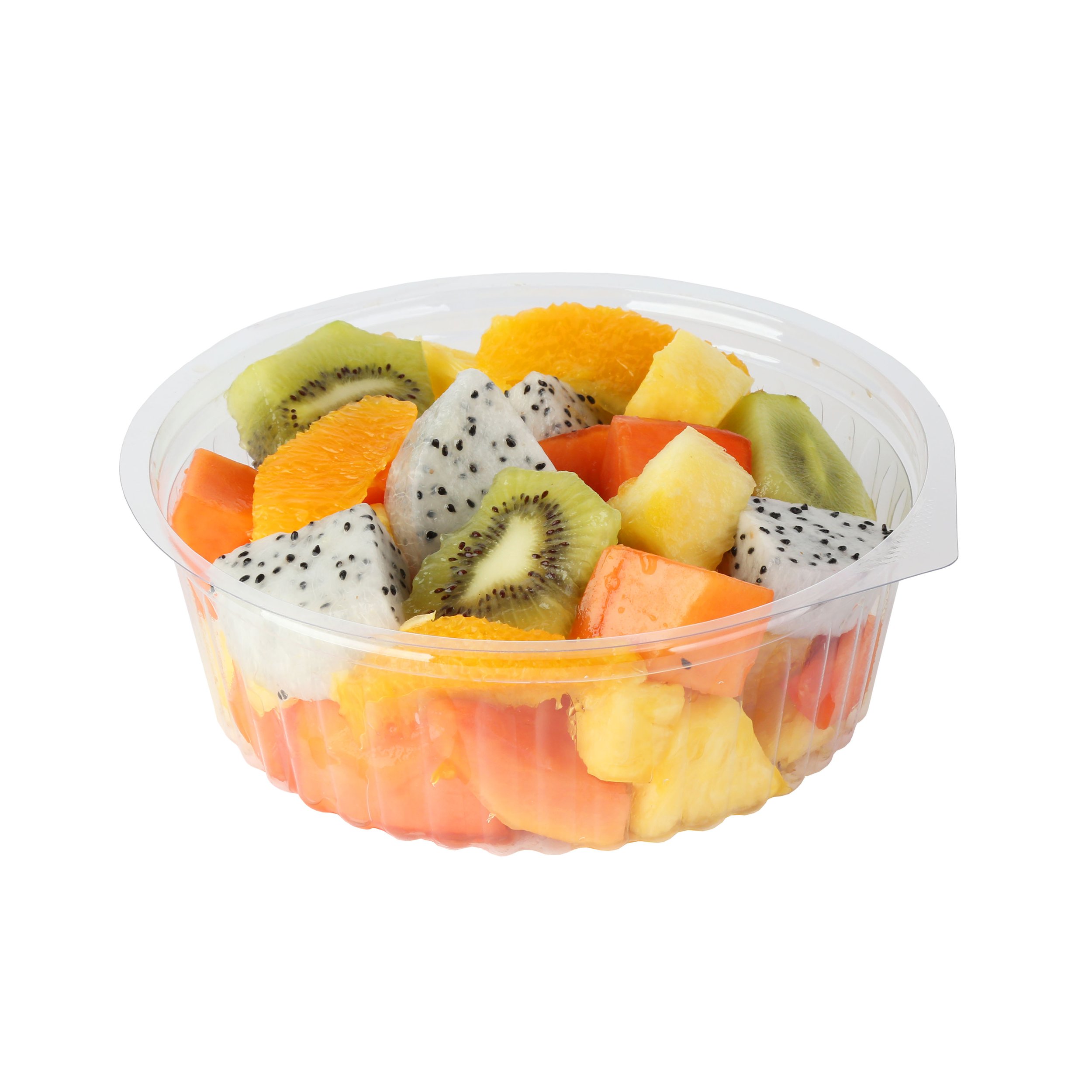 Clear plastic container filled with chopped kiwi fruit, pineapple, papaya, dragon fruit and oranges. 