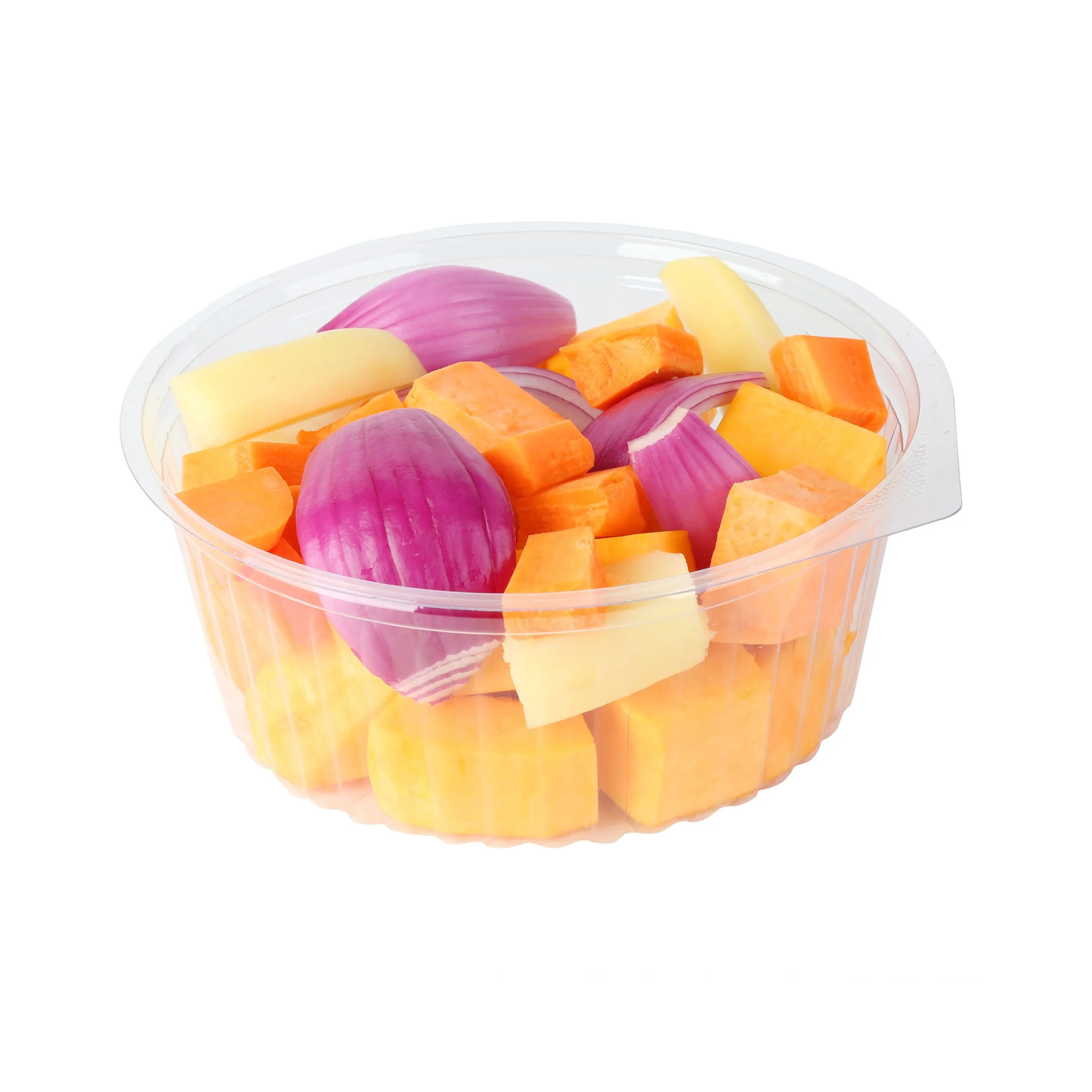 Clear plastic container filled with chopped red onion, pumpkin and sweet potato.
