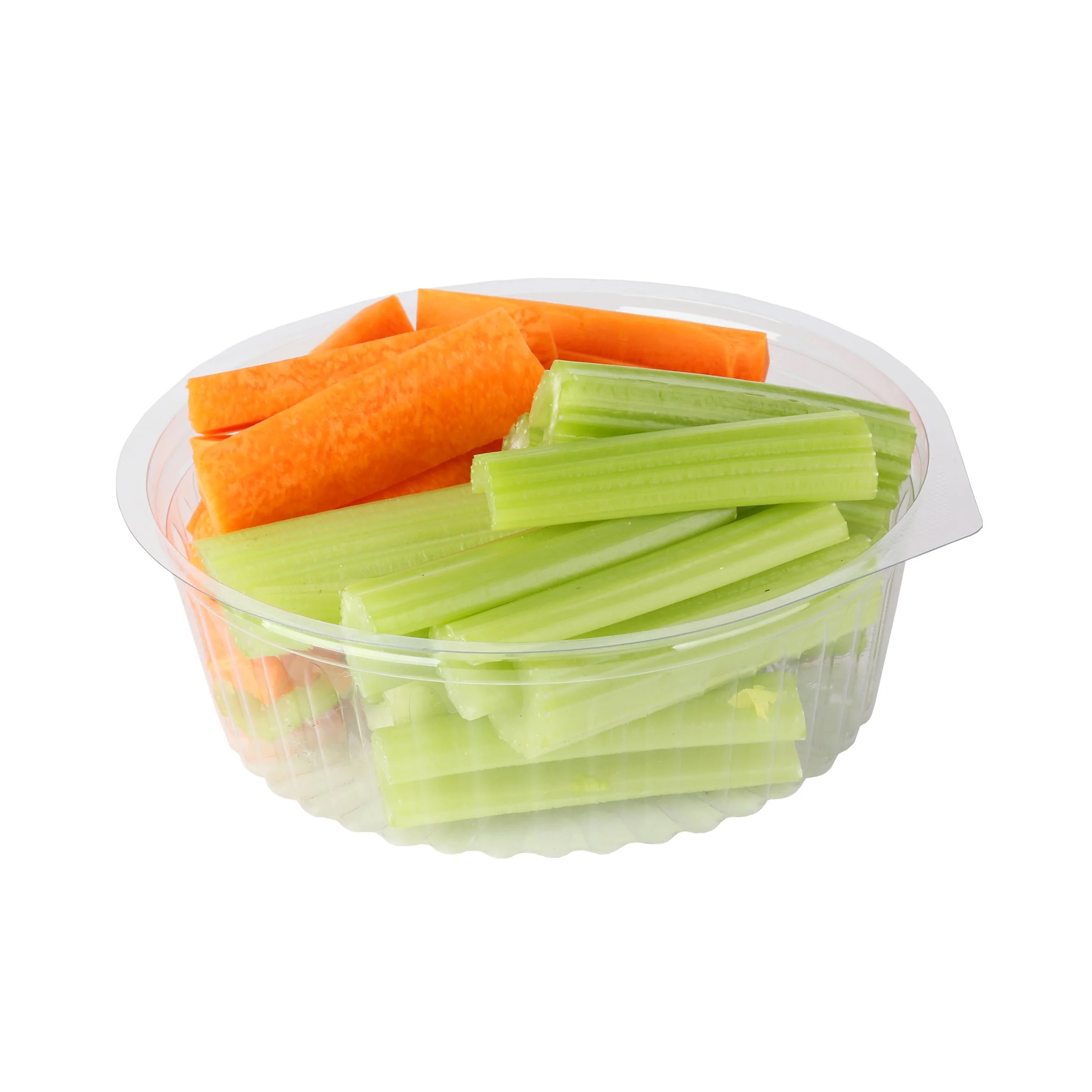 Clear plastic container filled with sliced carrot and celery. 
