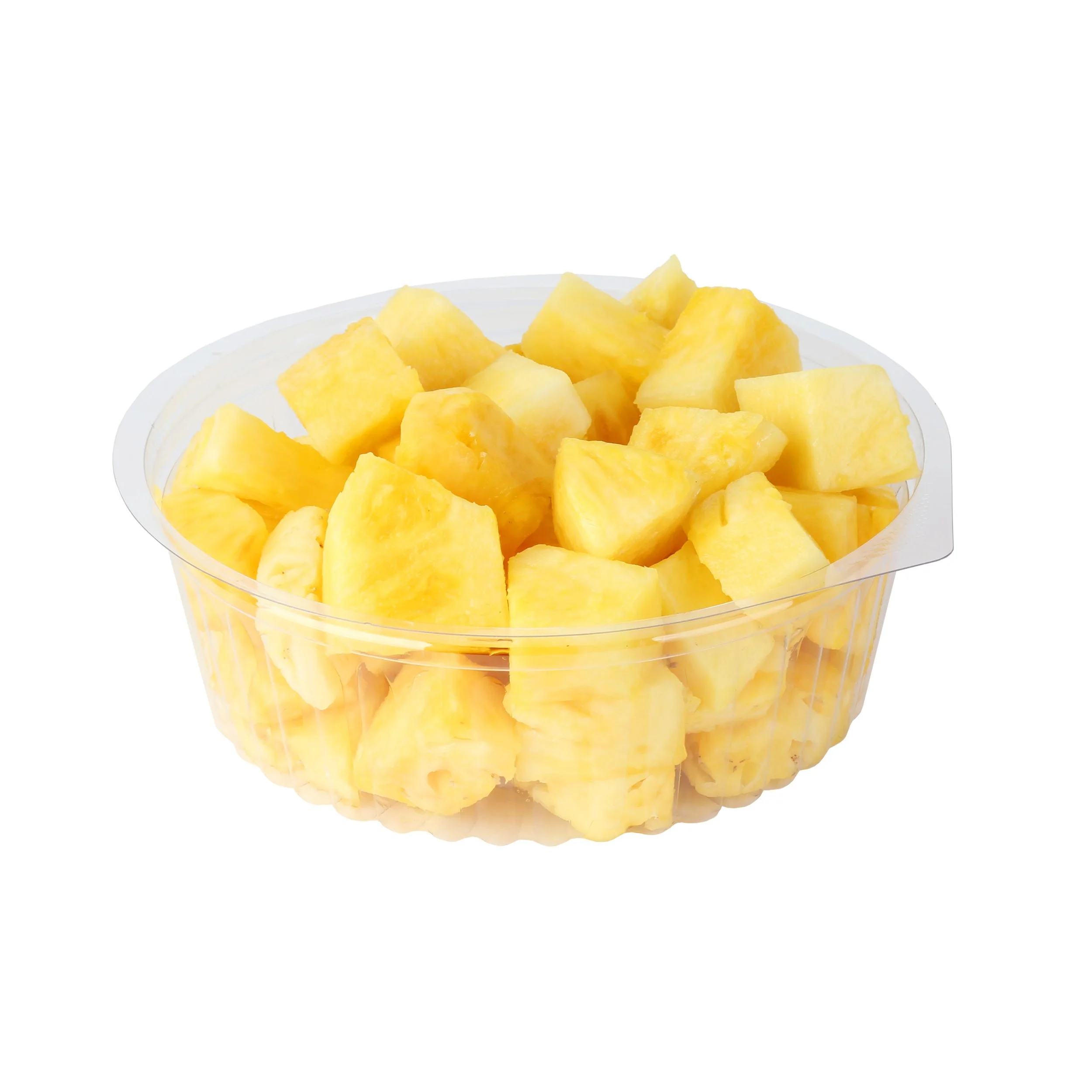 Clear plastic container filled with chopped pineapple. 