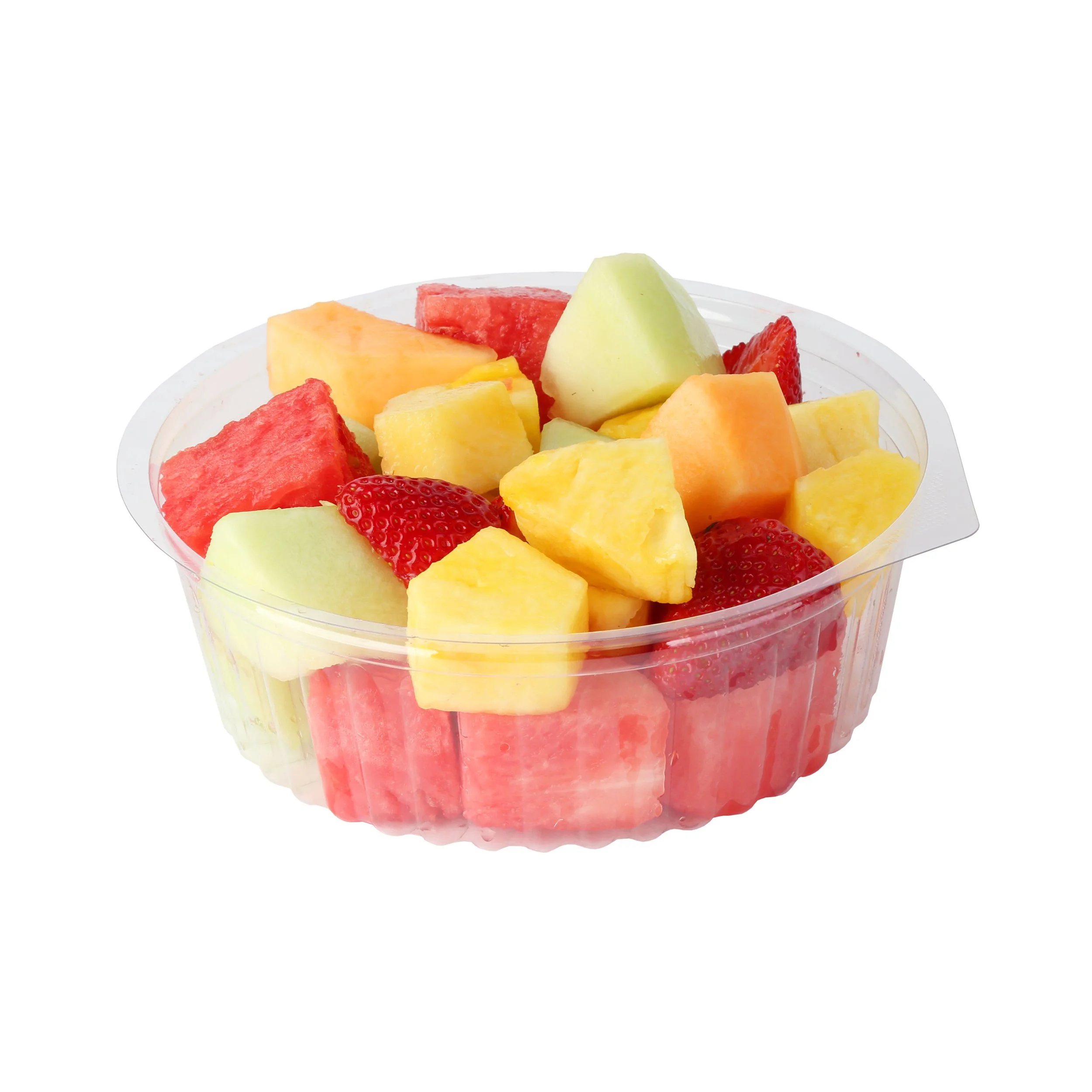 Clear plastic container filled with chopped watermelon, rockmelon, pineapple, honeydew melon and strawberries. 