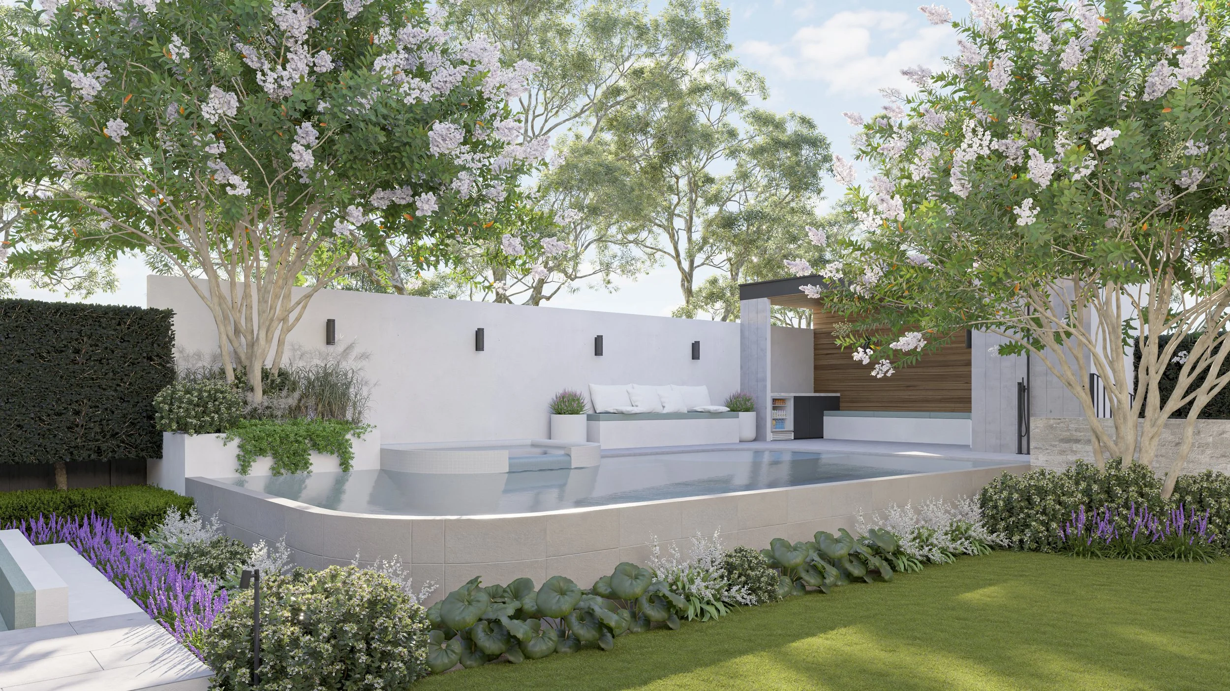 Modern backyard with a swimming pool, lush trees with pink flowers, and landscaping with purple and white flowers, and a seating area