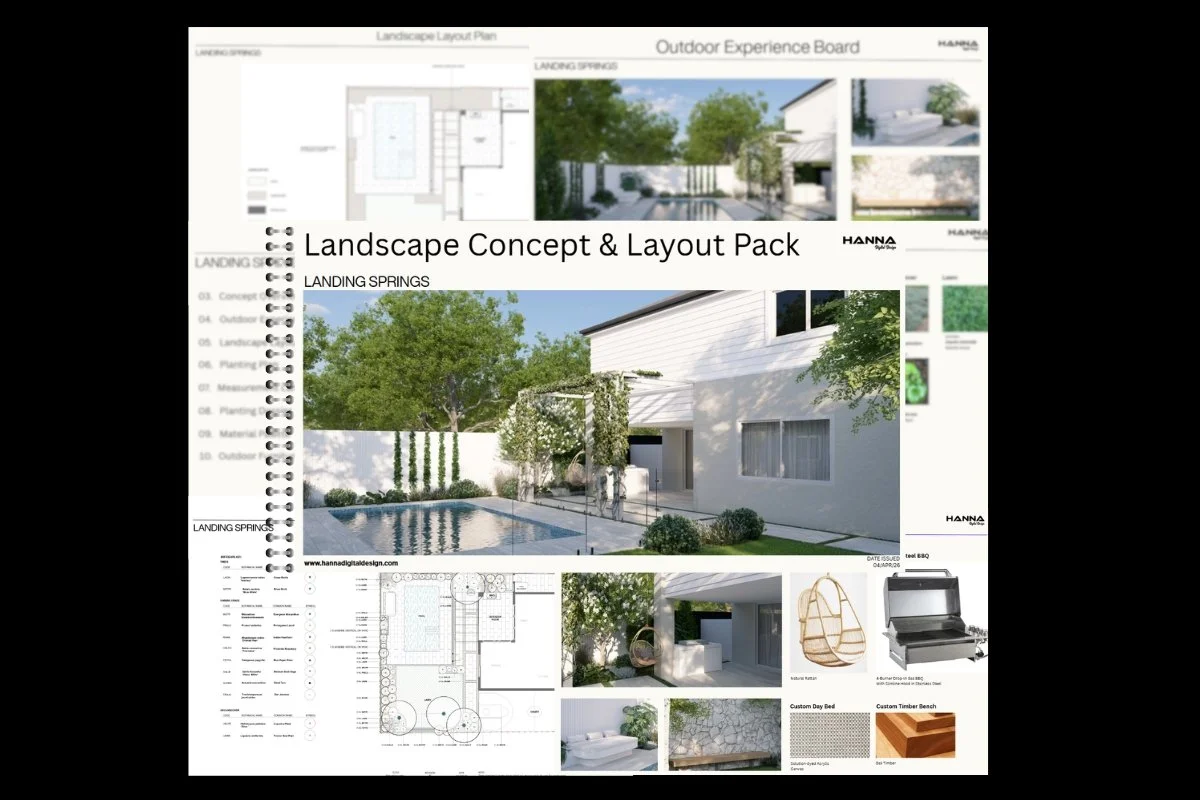 Landscape design plan for a backyard with a pool, featuring trees, shrubs, a white modern house, and outdoor furniture, including a hanging chair, barbecue grill, and wooden bench.