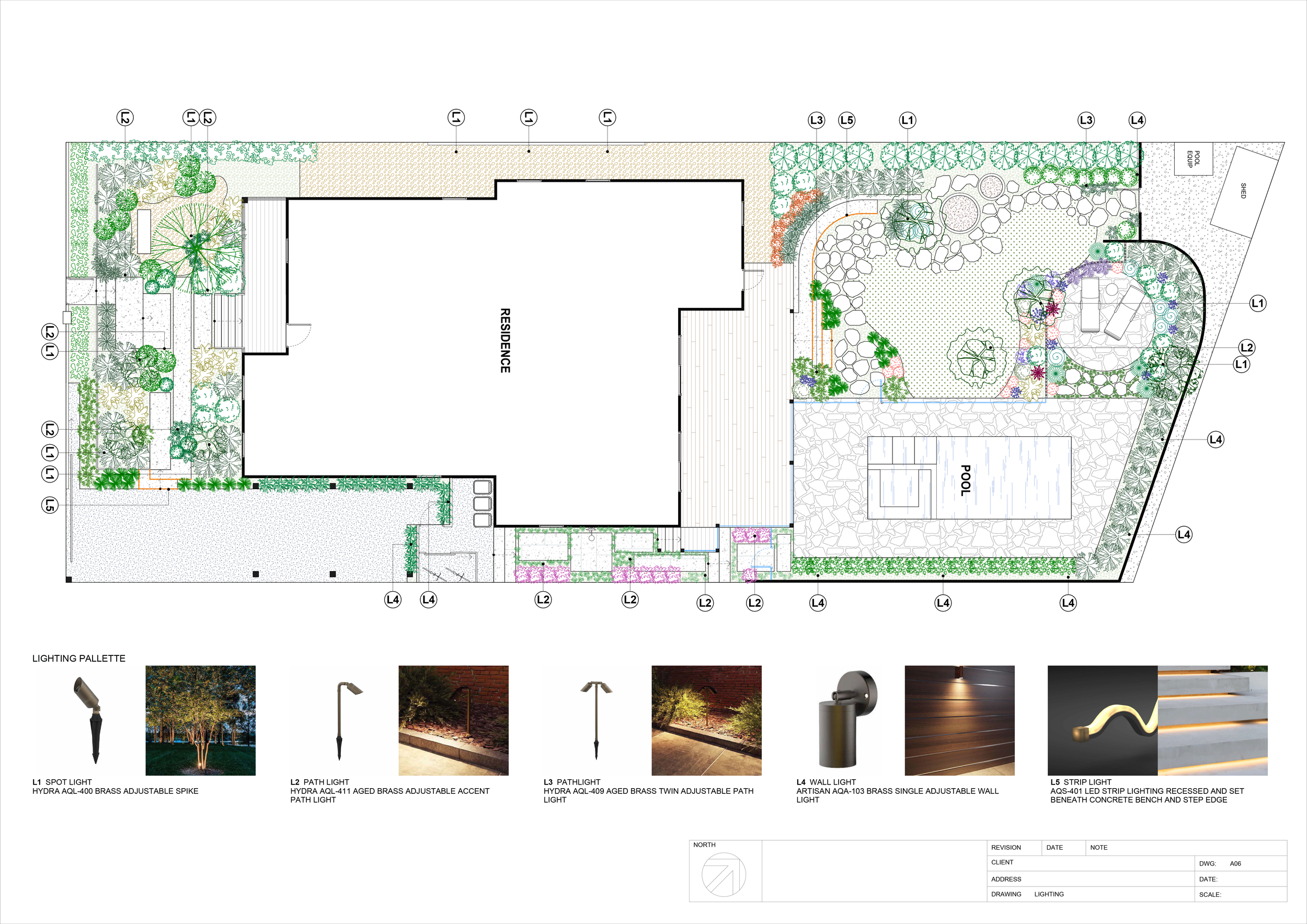 Landscape architectural plan of a backyard with a residence, pool, patio, garden beds, trees, and outdoor lighting fixtures including spotlights, path lights, wall lights, and strip lights.