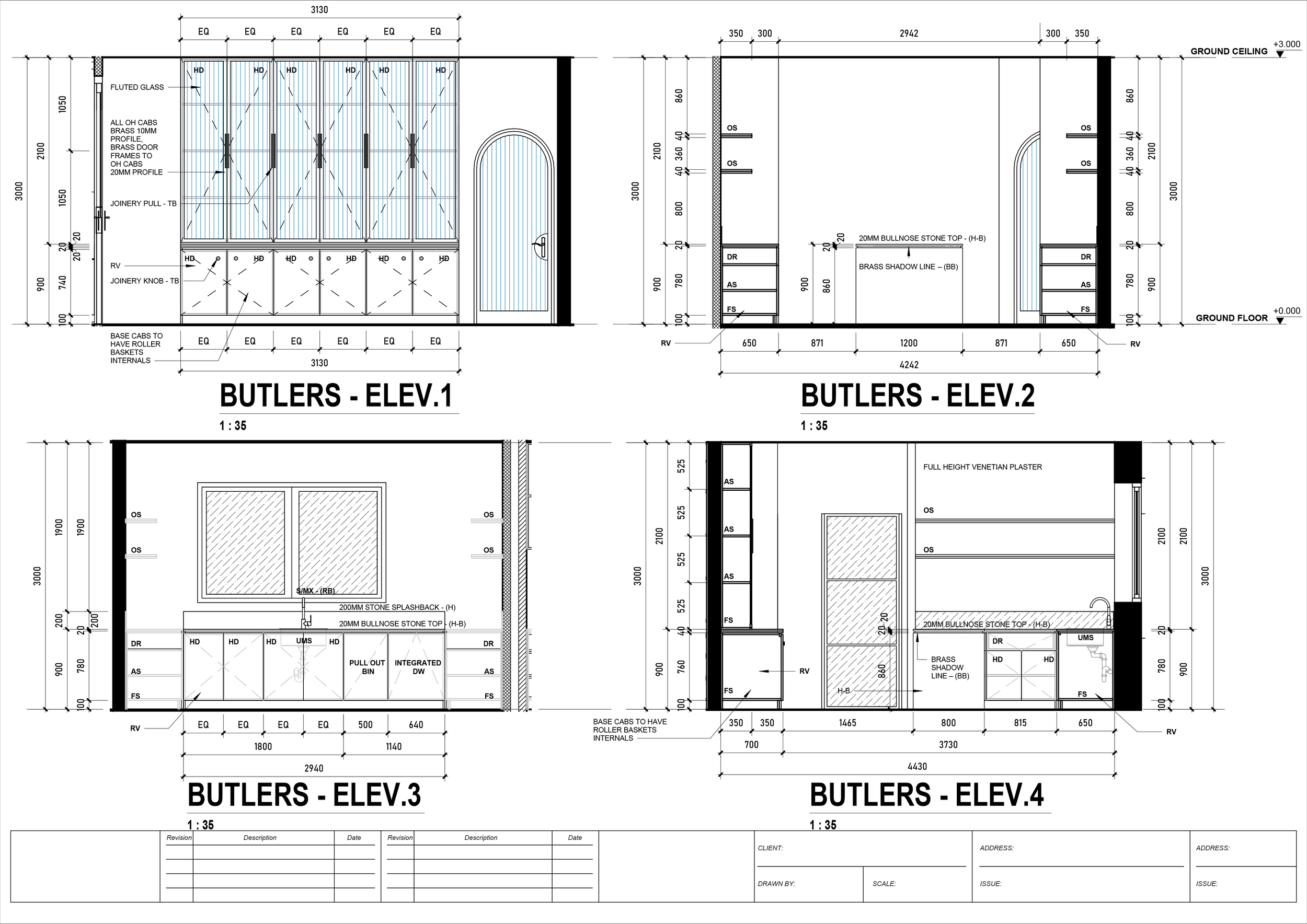 Technical drawing of butler's kitchen elevations showing dimensions, cabinetry, shelves, sink, and wall details.