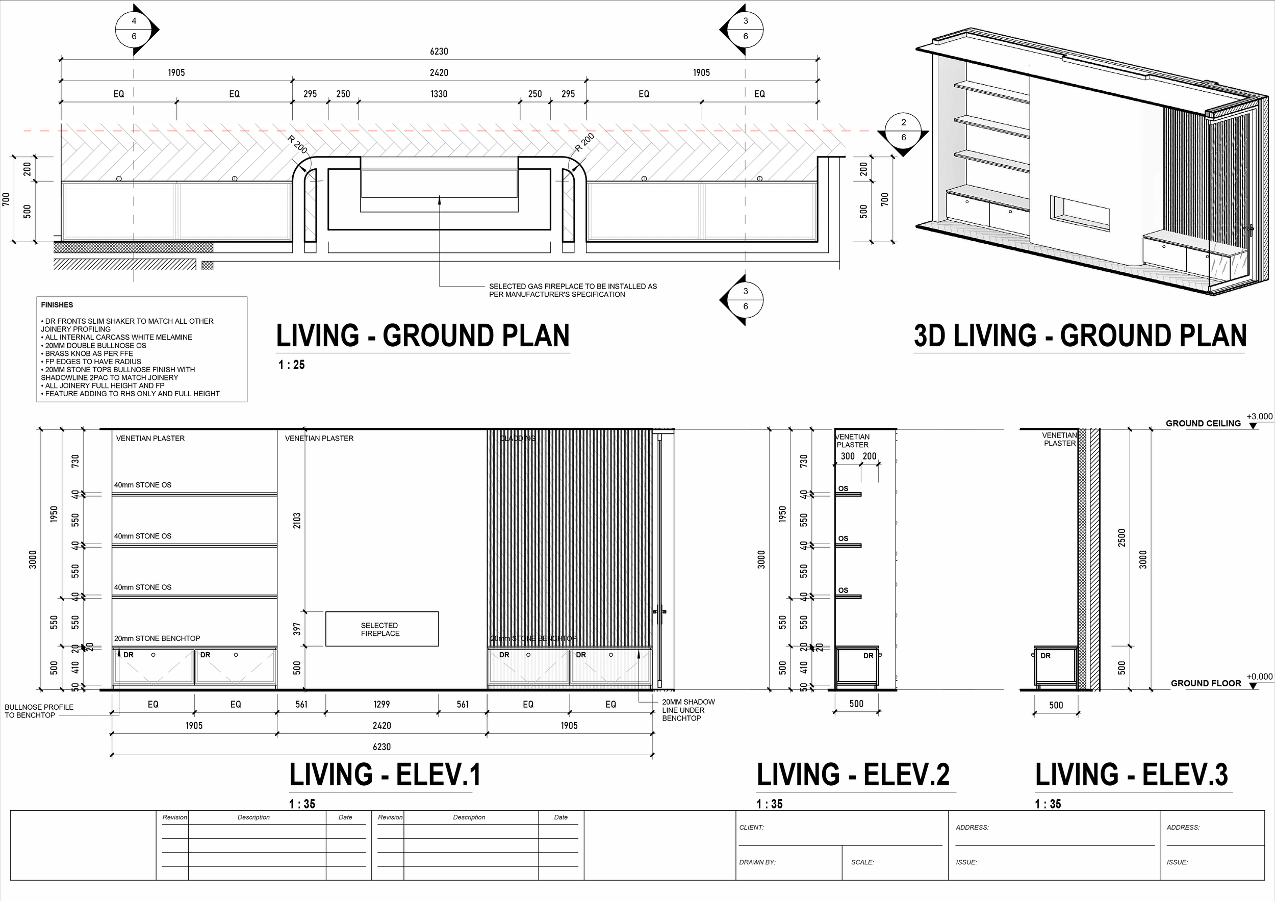 Architectural drawings of a living room ground plan with 3D view, elevation views, measurements, and details of finishes and features.
