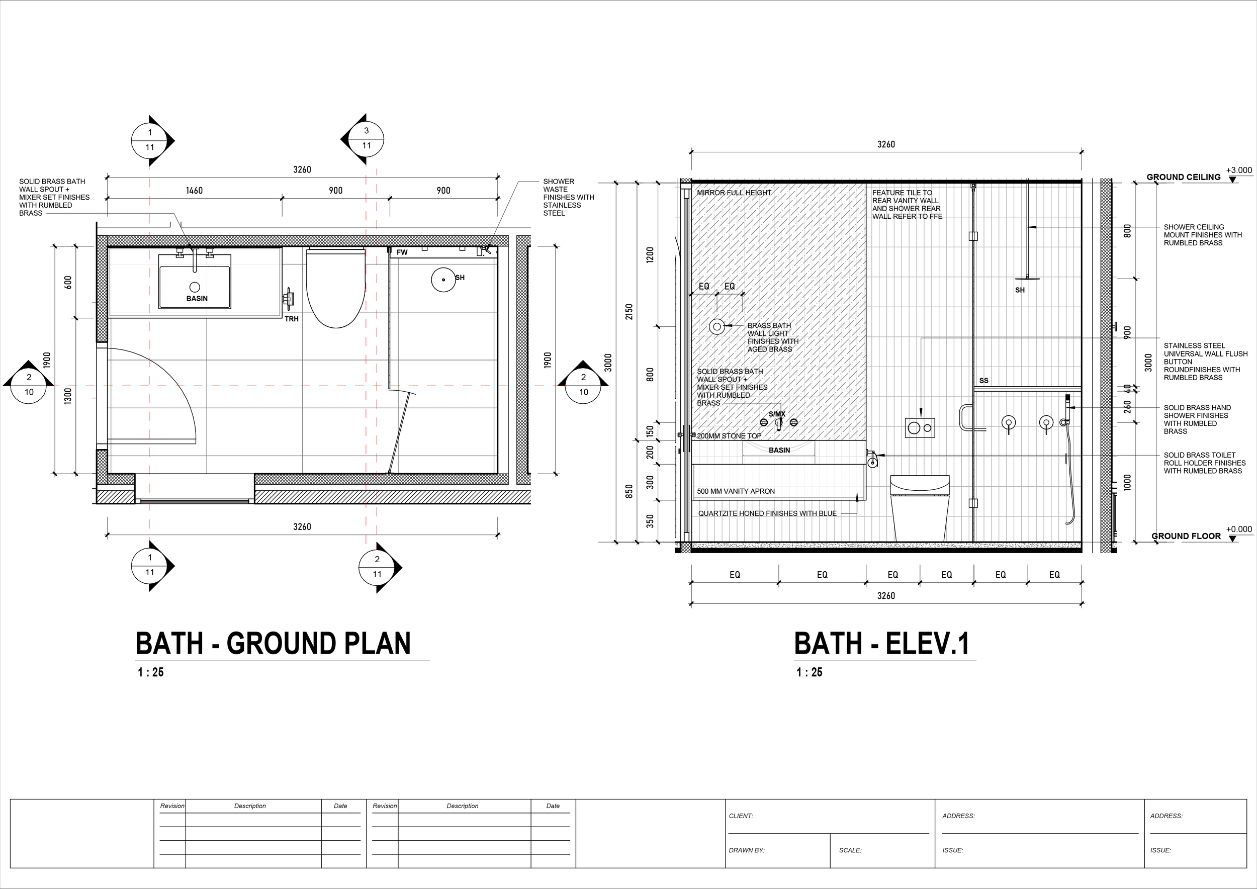 Architectural plans showing a ground-level bathroom layout with detailed measurements, fixtures, and design features.