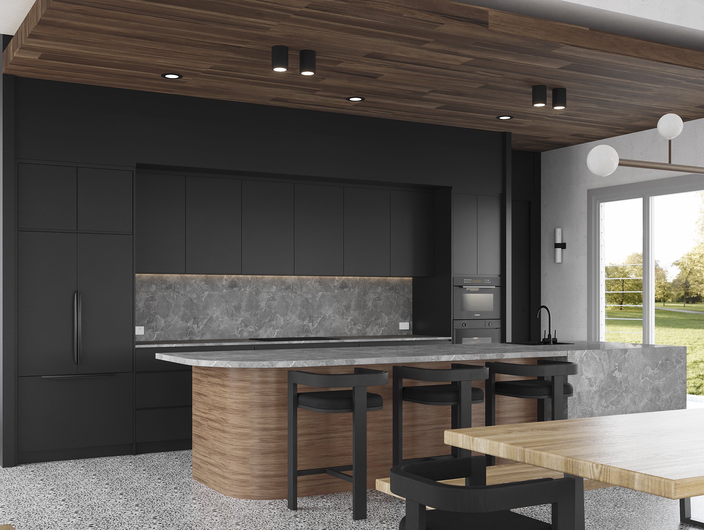 Modern kitchen with black cabinetry, marble countertops and backsplash, wooden ceiling, and two black bar stools at the island. Large window with outdoor view.