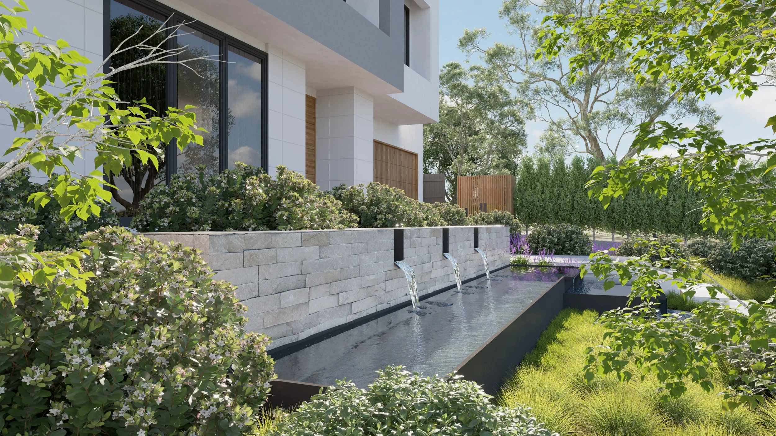 Modern residential exterior with a water feature, lush greenery, trees, and large windows