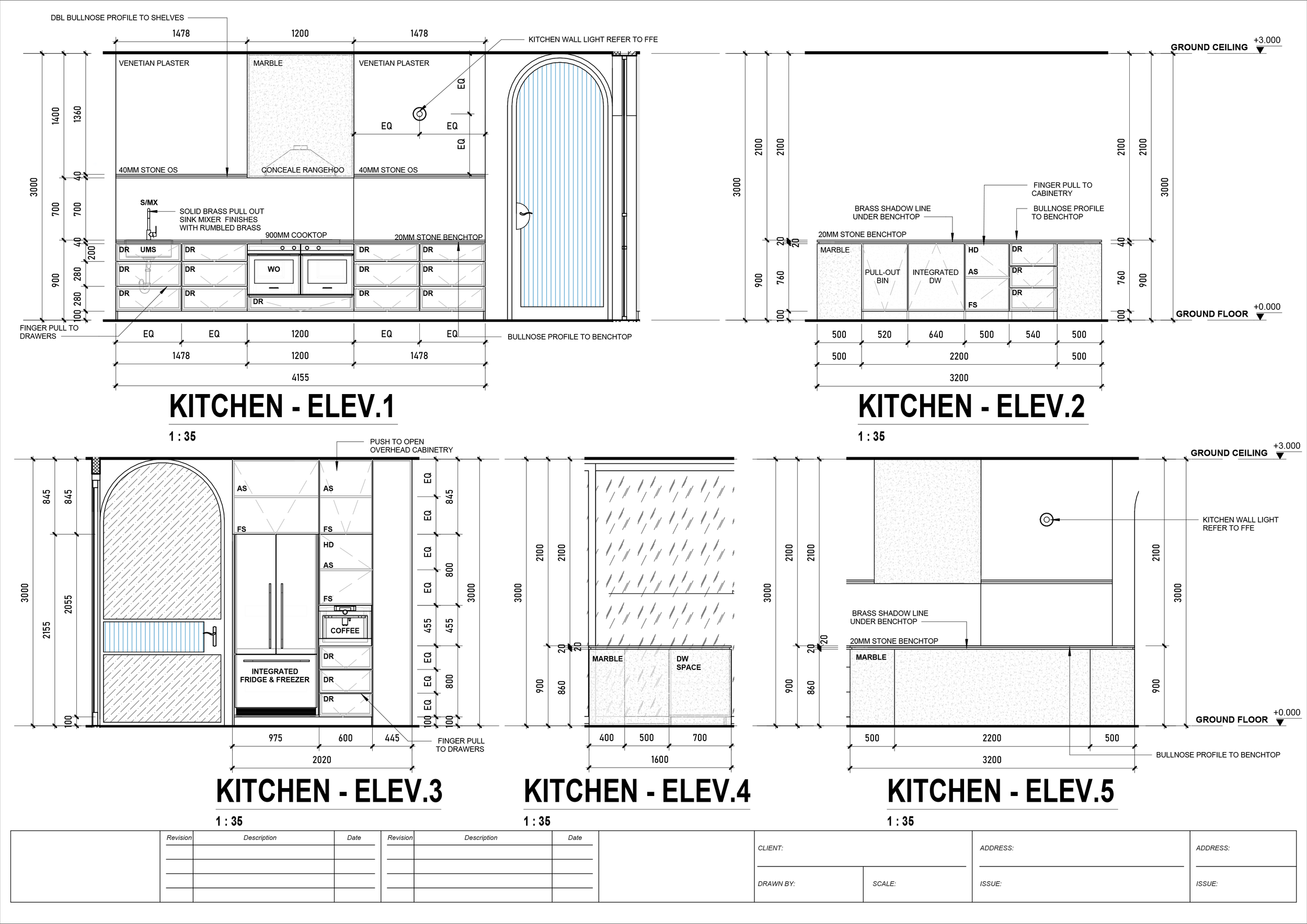 Technical kitchen design drawing showing multiple elevation views labeled Kitchen-Elev.1 to Kitchen-Elev.5 with measurements, materials, and layout details.