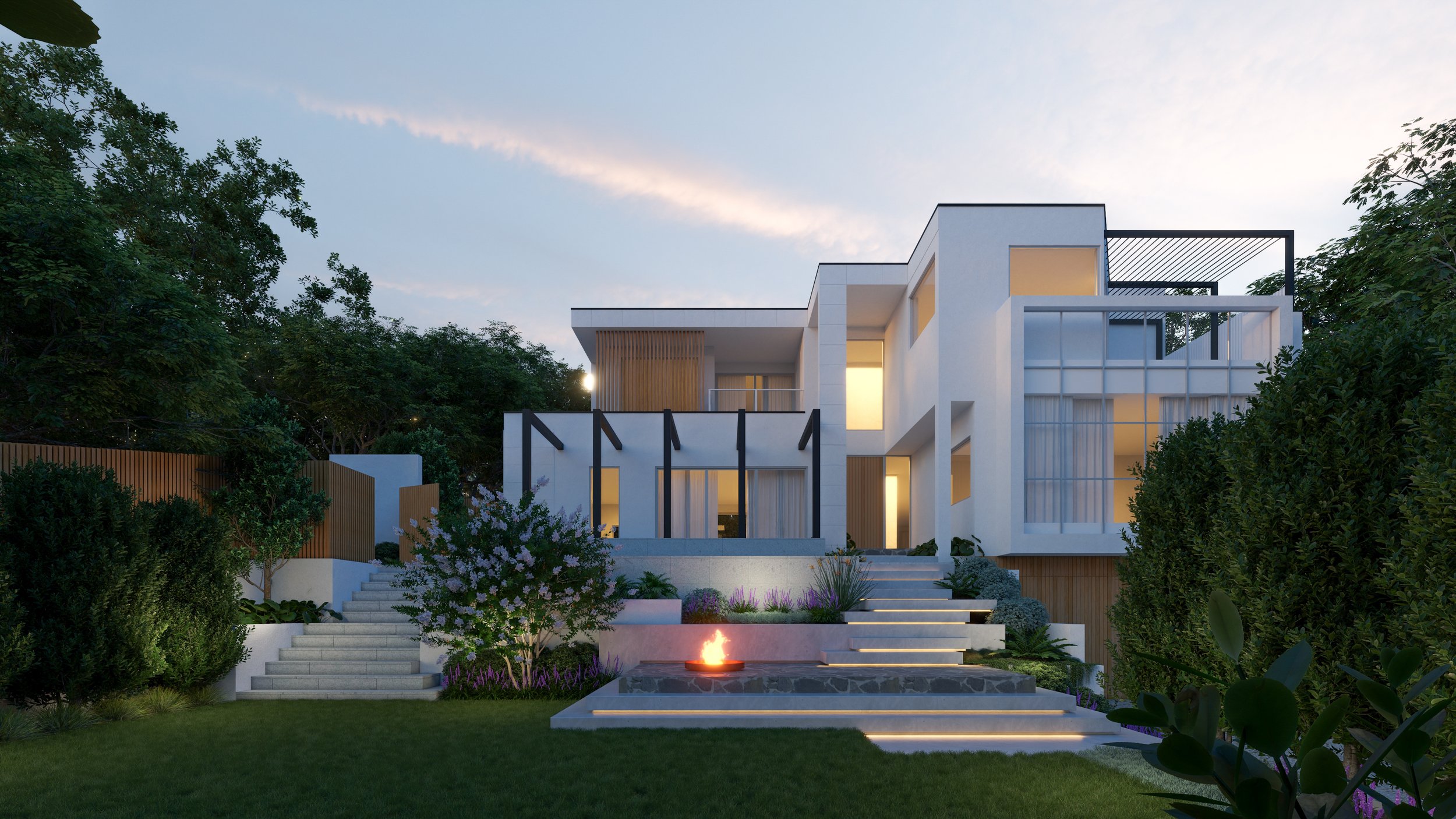 Modern multi-story house with large windows, stairs leading to a landscaped yard, and an outdoor fire pit during dusk.