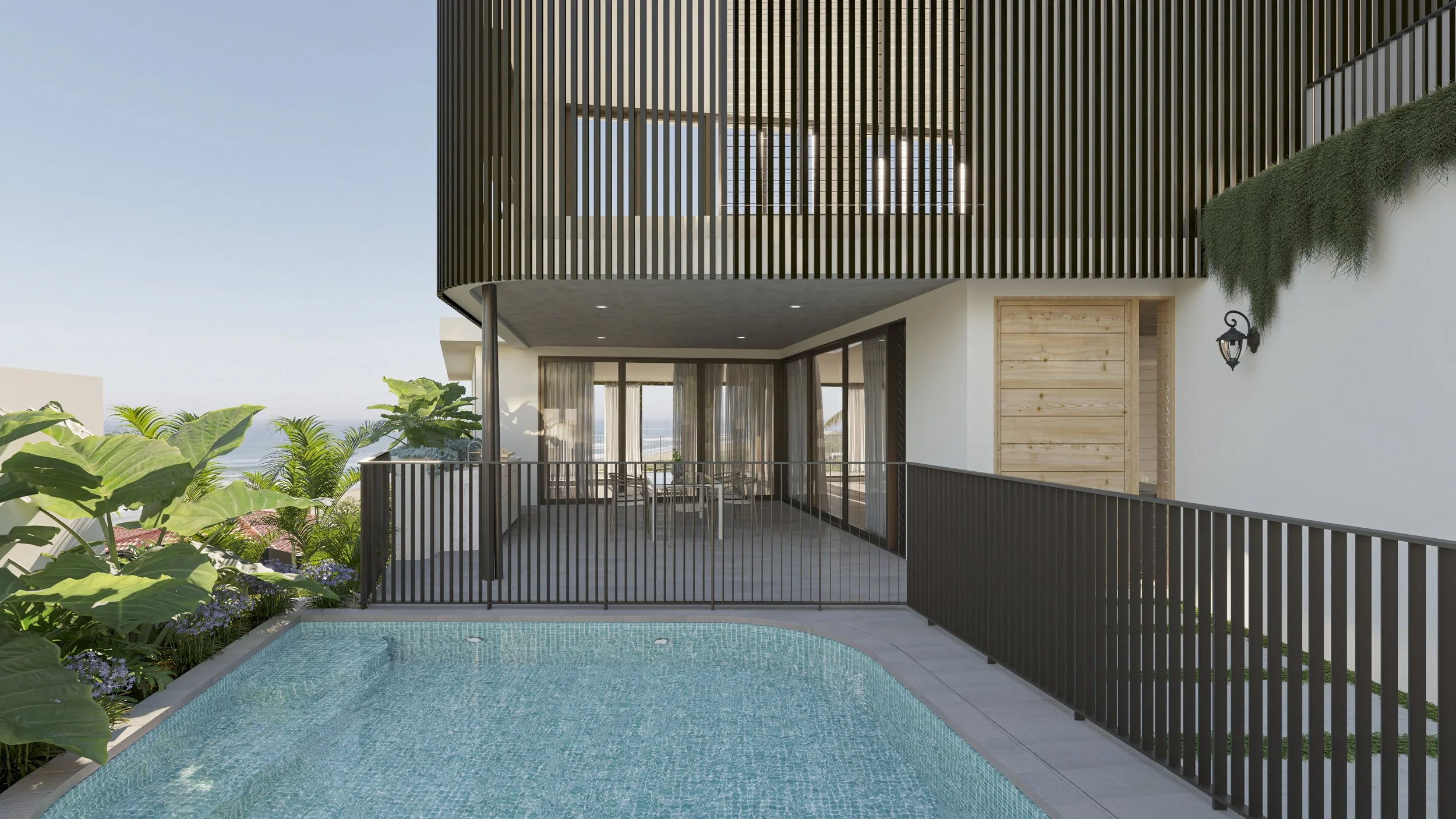 Modern balcony with swimming pool, outdoor seating, and lush greenery overlooking a cityscape.