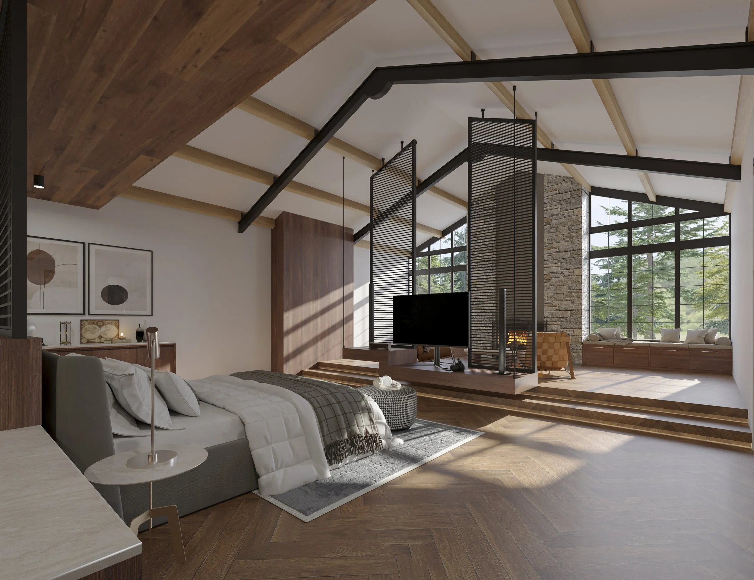 A modern bedroom with a high ceiling featuring exposed wooden beams, a platform with a TV and black slatted room divider, a bedding area with a grey upholstered bed, and a sitting nook with large windows showing trees outside.