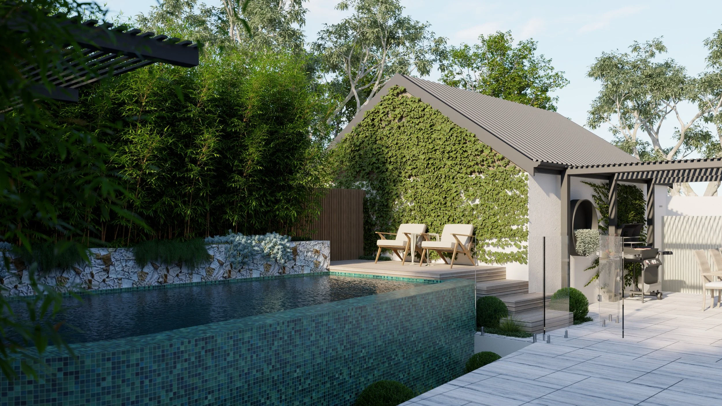 Modern backyard with a pool, wooden lounging chairs, lush green plants, and a small building with a vine-covered wall.