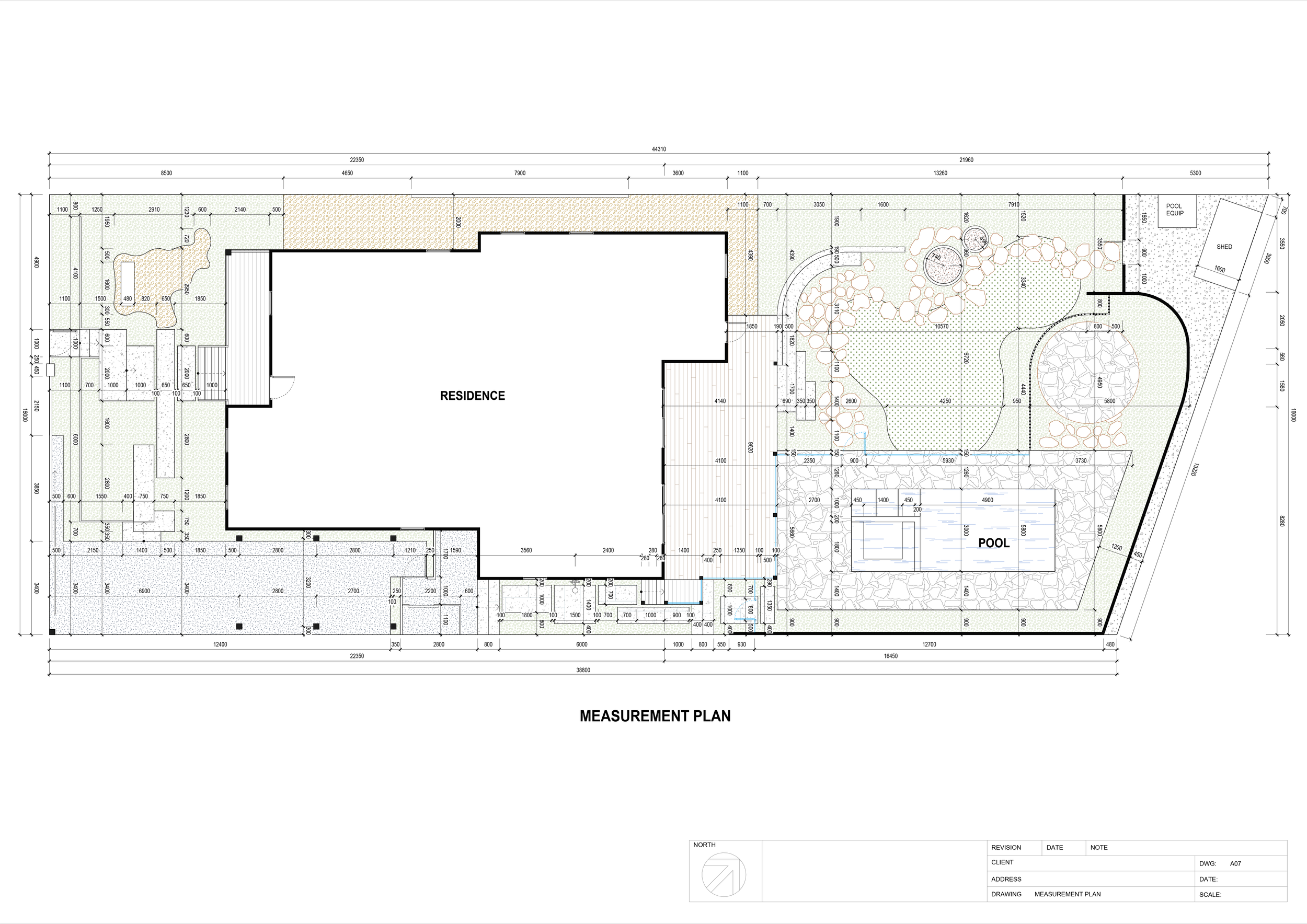 A detailed landscape and measurement plan for a residential property, showing layout of buildings, pool, garden, and surrounding areas with scale measurements.