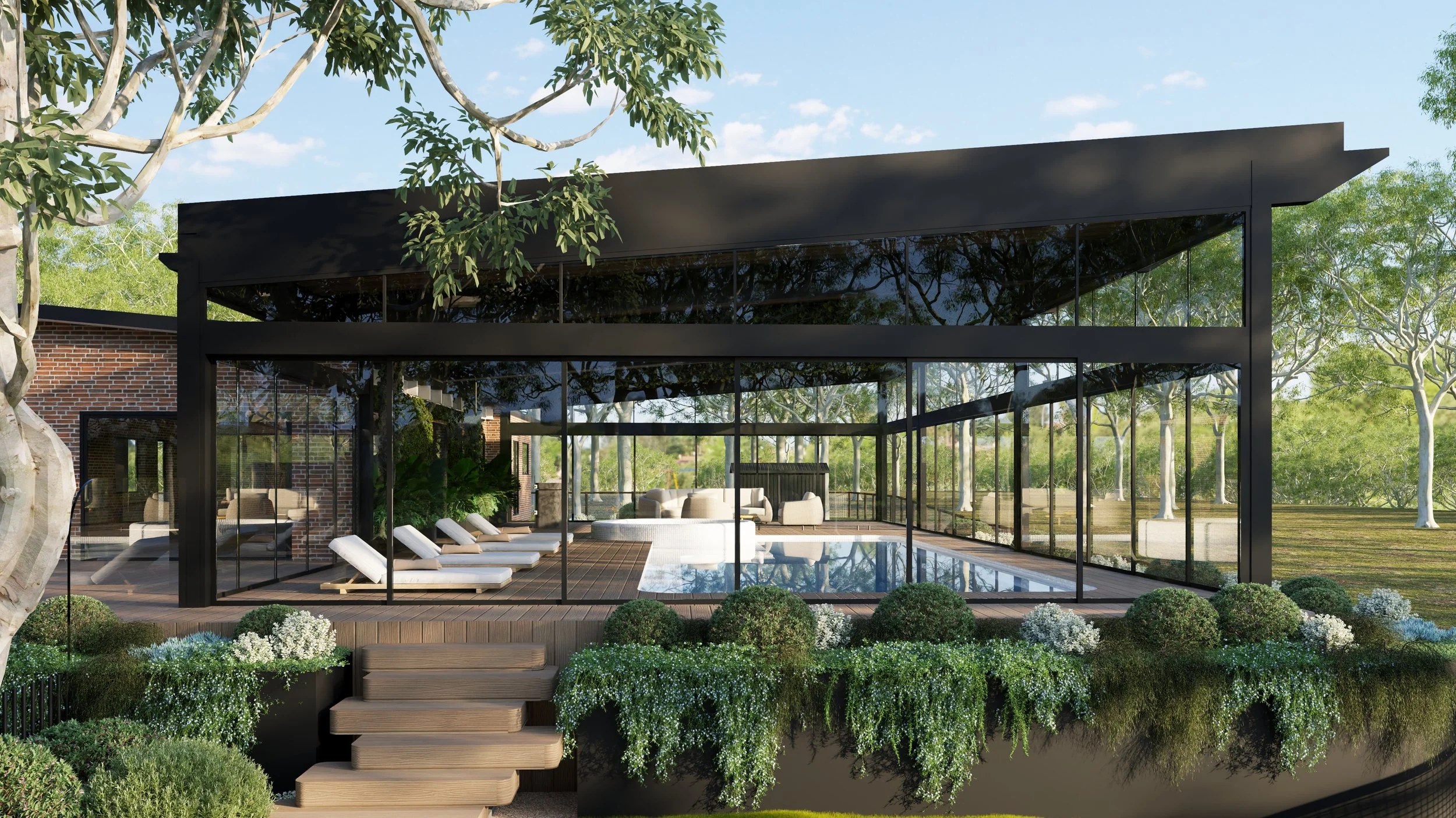 Modern glass house with outdoor pool, surrounded by greenery and trees, featuring lounge chairs and outdoor furniture.