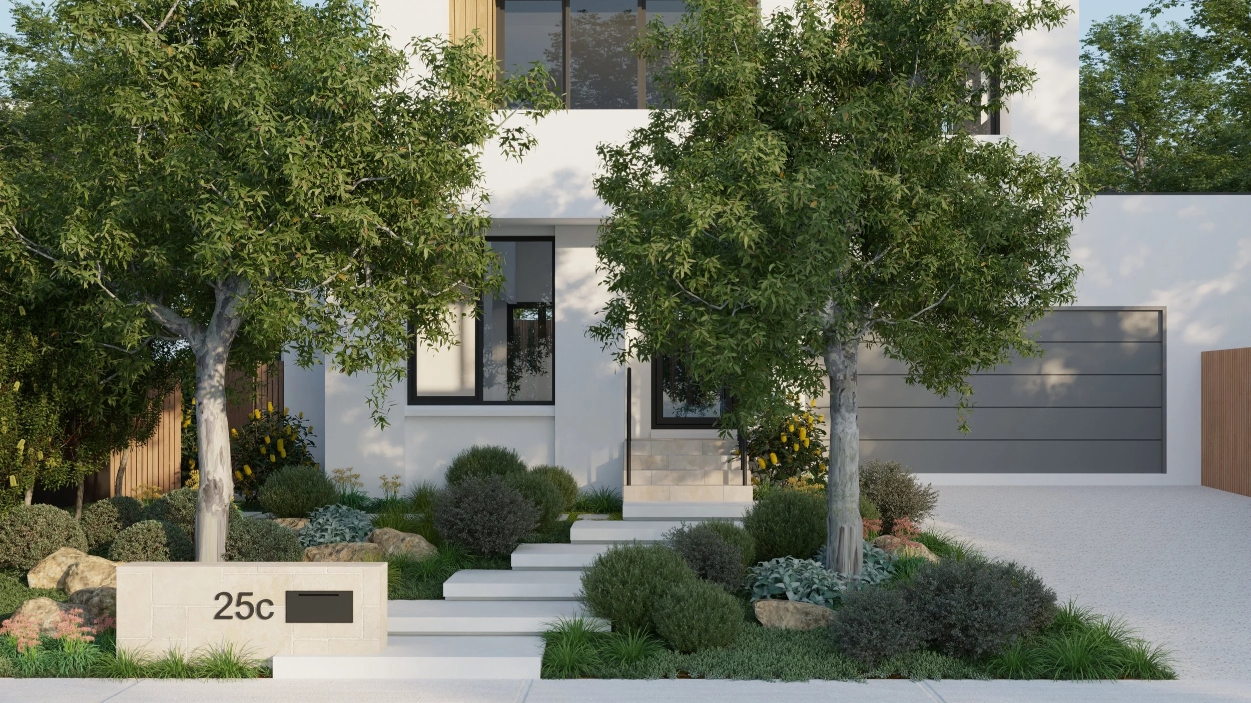 Modern house entrance with two large trees in front, white exterior walls, black-framed windows, stairs leading up to door, landscaped garden with various bushes and flowers, house number 25c on a beige stone wall, and a driveway to the right.