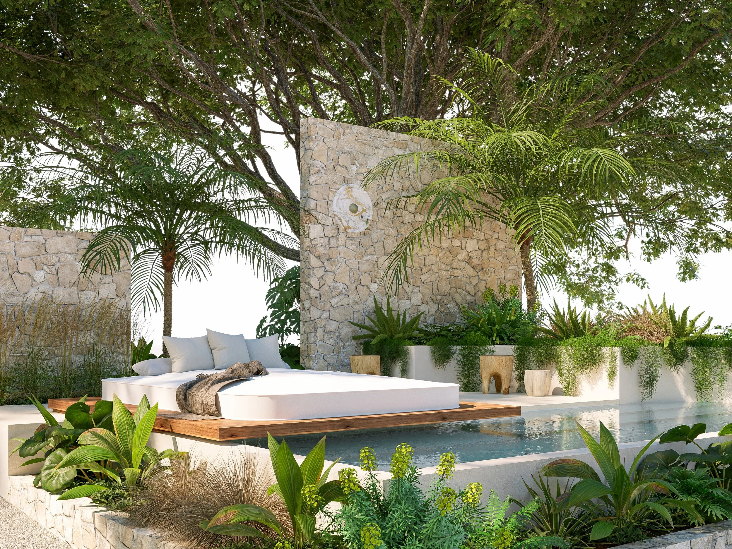 Luxurious outdoor pool with a sunbed and lush tropical plants, trees, and stone walls surrounding the area.