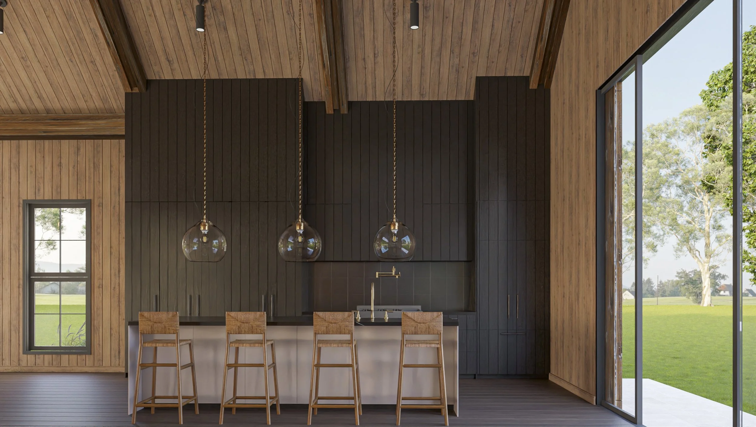 Modern kitchen with wooden paneled walls, black cabinets, a white kitchen island with four wooden stools, hanging glass pendant lights, large windows showing green outdoor landscape.