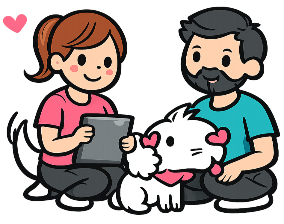 A cartoon couple sitting with their white dog, woman holding a tablet, man with gray beard smiling, dog with pink hearts for eyes wearing a pink scarf.