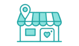 Illustration of a small storefront with a striped awning, a location pin on top, and a heart-shaped window.