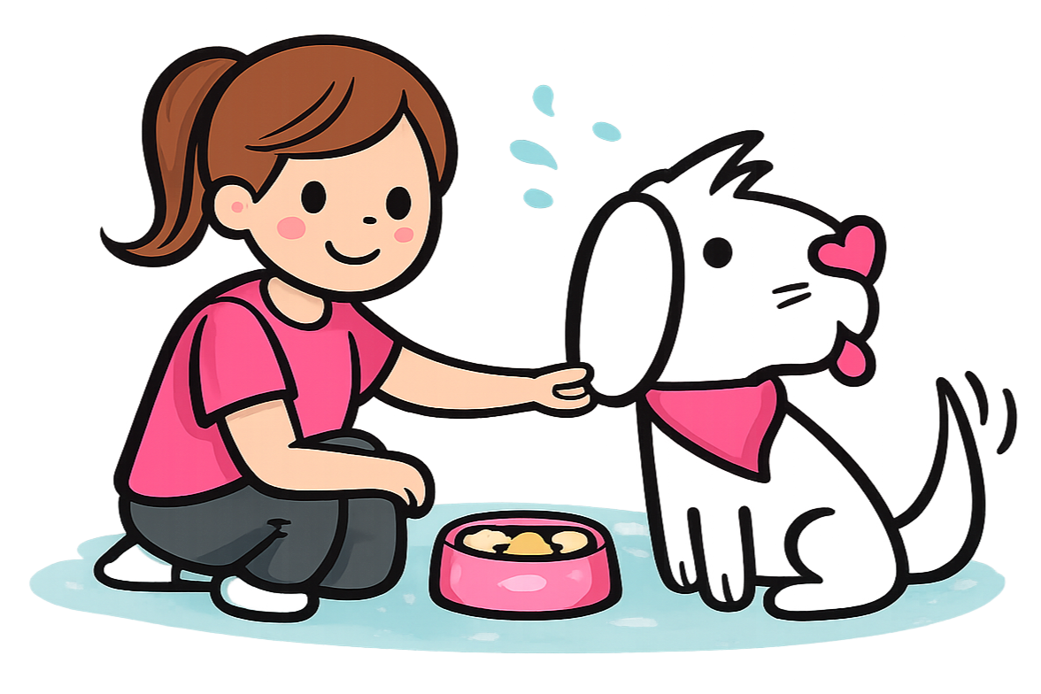 A cartoon girl with brown hair in a ponytail wearing a pink shirt and gray pants, kneeling and feeding a black puppy with a pink bow on its head from a pink bowl, in front of a gray background.