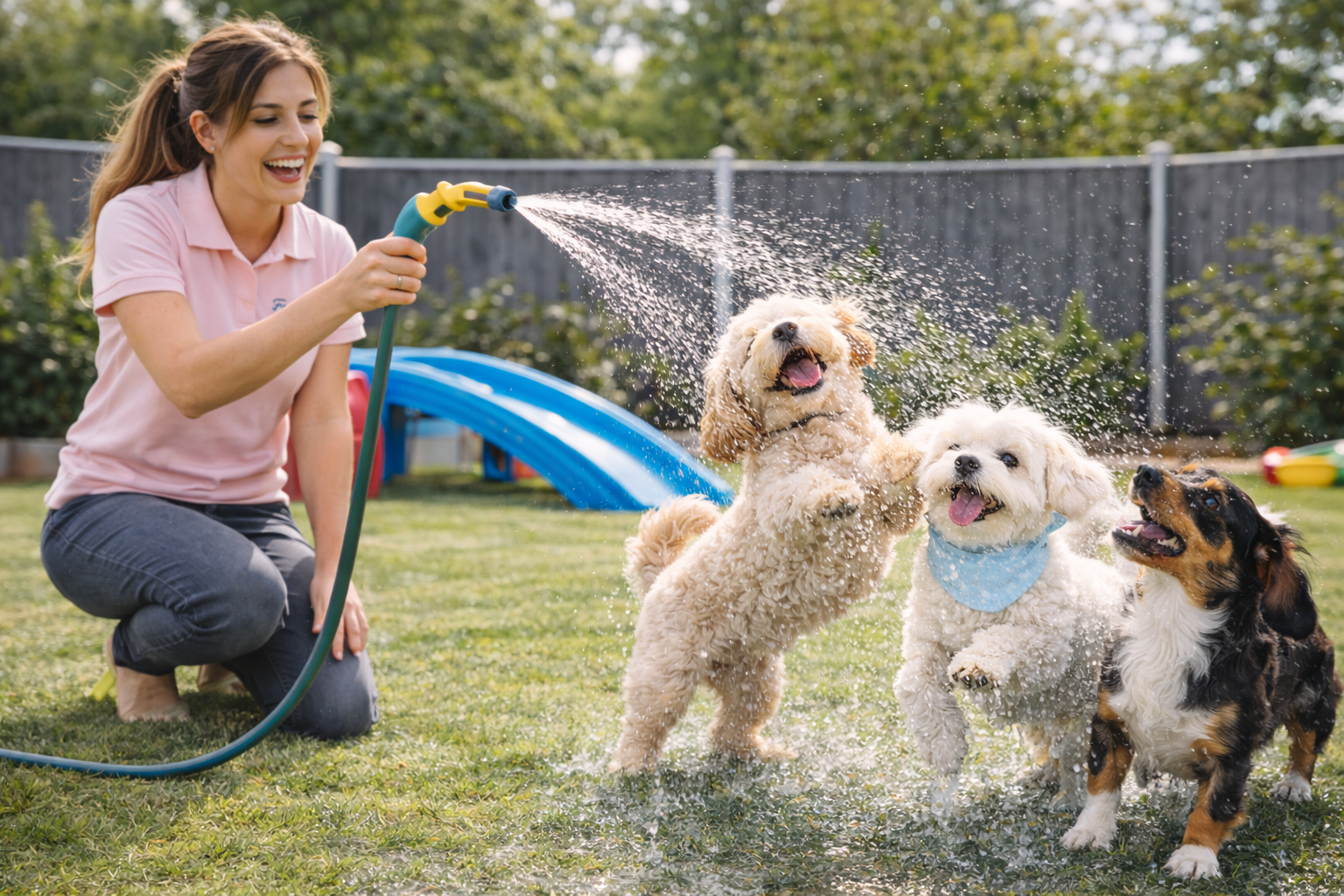 A woman is watering three dogs playing in a backyard with a garden hose, surrounded by green grass and a fence.