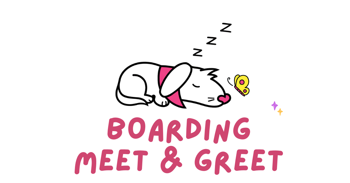 A cartoon dog sleeping with a pink scarf and a yellow butterfly nearby, with the text 'Boarding Meet & Greet' below.